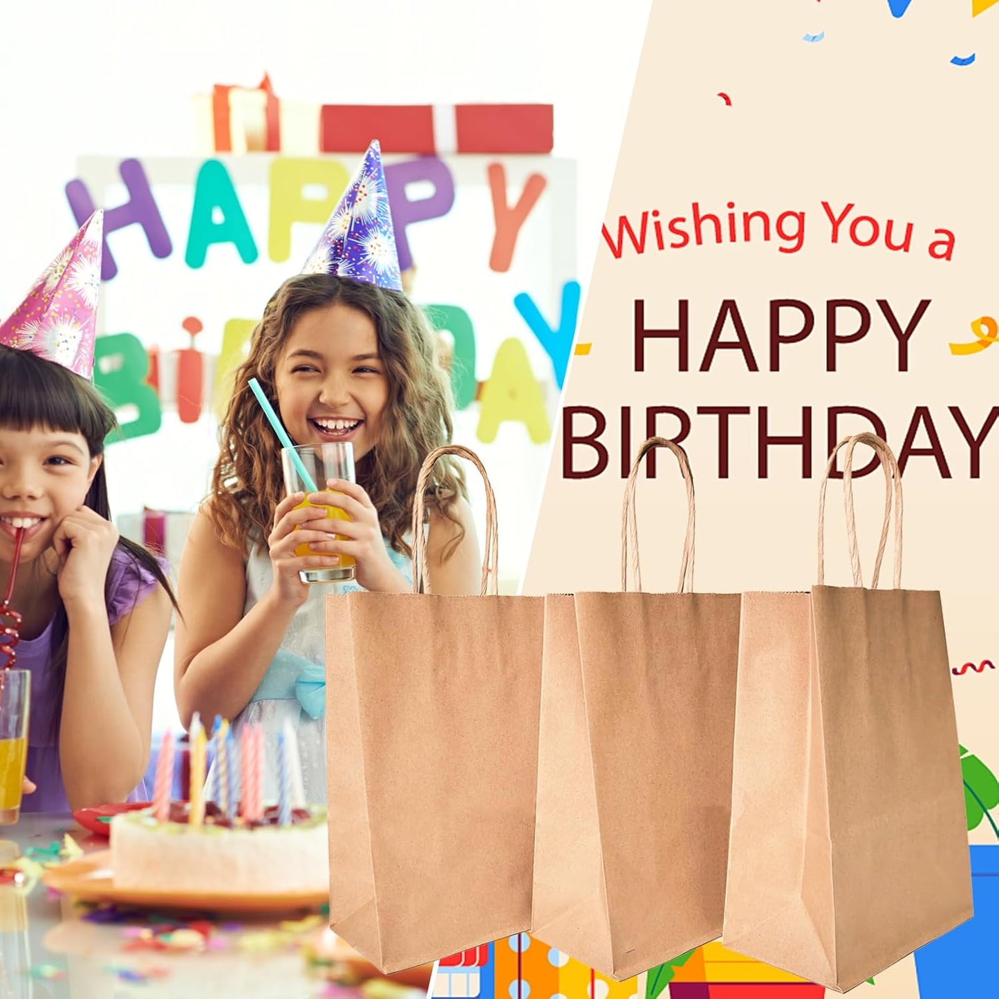 BAG BOX 25 Pack 5.9x3.1x8.25 Inch Brown Gift Bags with Handles,Bulk Kraft Paper Bags for Shopping, Retail, Merchandise, Wedding, Party Favors, Paper Grocery Sacks