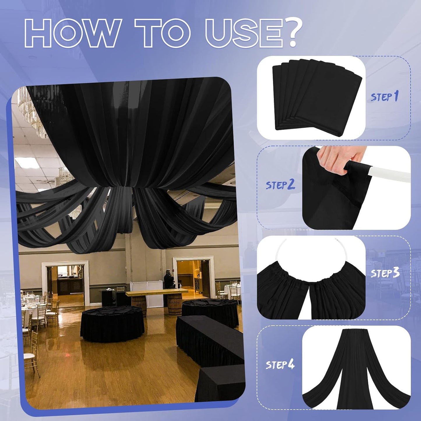 6 Panels Black Ceiling Drapes for Wedding 5ftx40ft Ceiling Drapes Wedding Arch Draping Fabric Cheesecloth Sheer Curtain Romantic Ceiling Decorations for Weddings Party Banquet Ceremony Stage