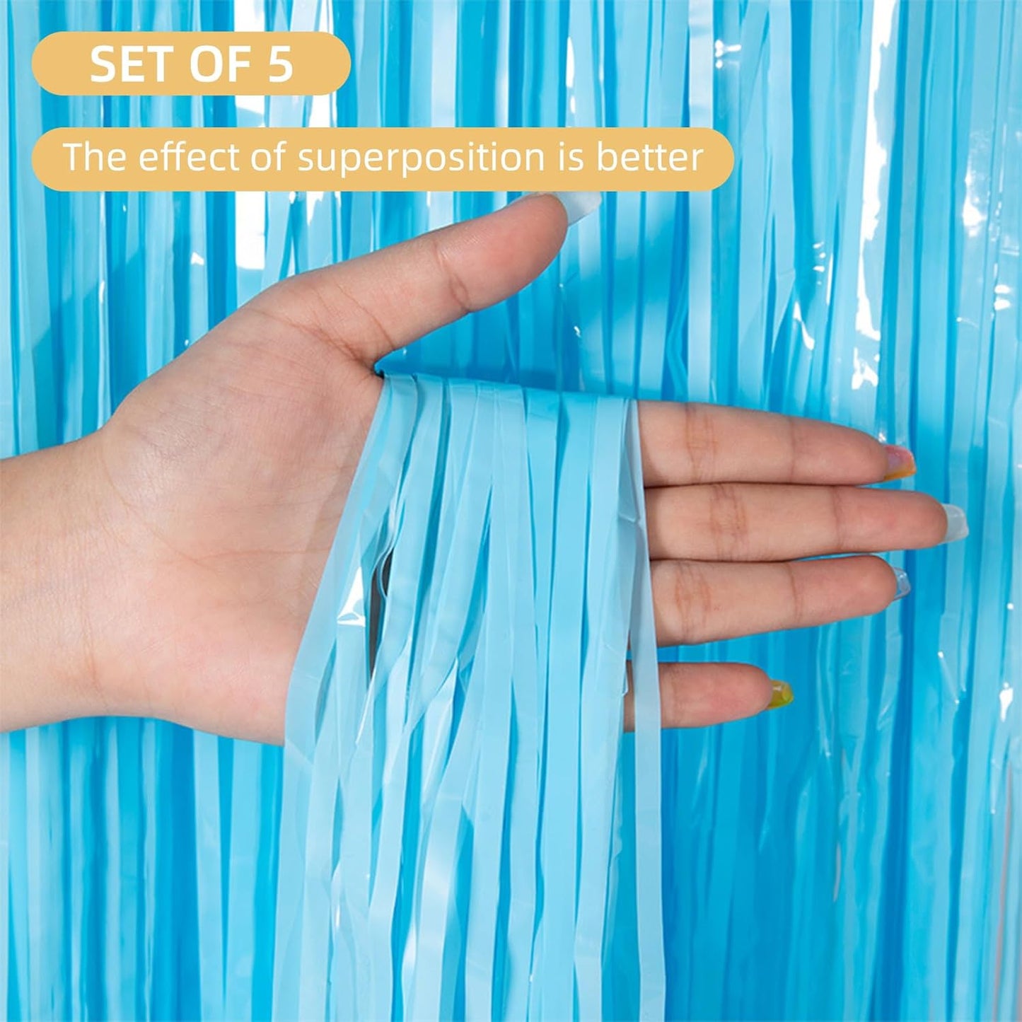 5 Pack Blue Foil Curtain Backdrop 3.2ft x 8.2ft Tinsel Foil Fringe Curtains Macaron Photo Booth Streamer Backdrop for Party Decorations Birthday Baby Shower Bachelorette Holiday Decor (Pastel Blue)