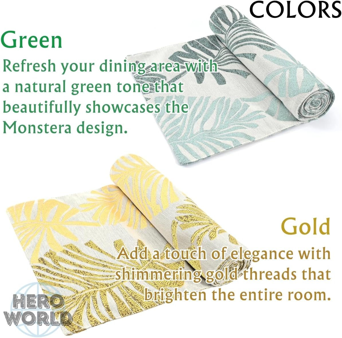 Monstera Leaf Table Runner – Elegant Fabric Table Centerpiece, Machine Washable, Gold or Green, 71"/83"/94" Length, 13" Width (Gold/83)