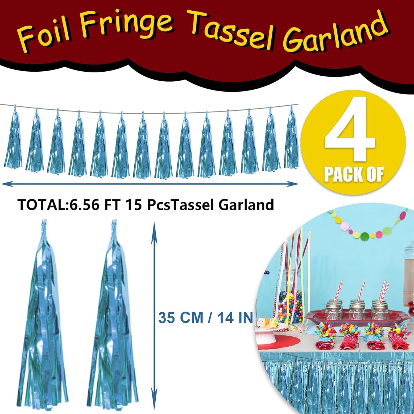 4P Light Blue Foil Fringe Tassel Banner Garland Metallic Tinsel Streamers Wall Hanging Curtain Backdrop Banner for Parade Floats, 2024 Graduation Decorations, Wedding Party Decoration