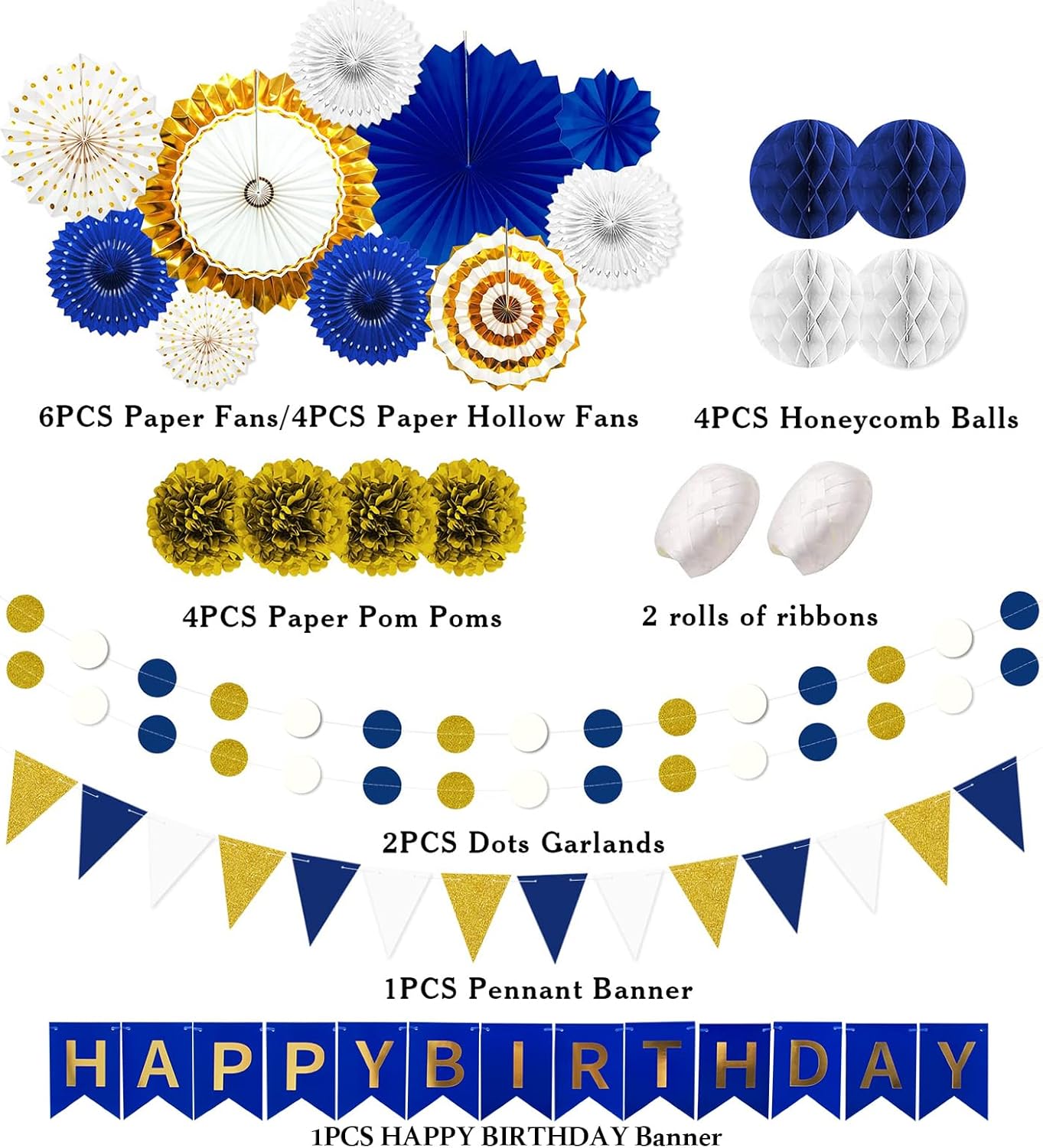 Navy Blue and Gold Happy Birthday Party Decoration 24Pcs Hanging Paper Fans, Pom Poms Flowers Garland String Polka Dot Triangle Bunting Flag Pack Happy Birthday Banner for Boy Birthday Baby Shower