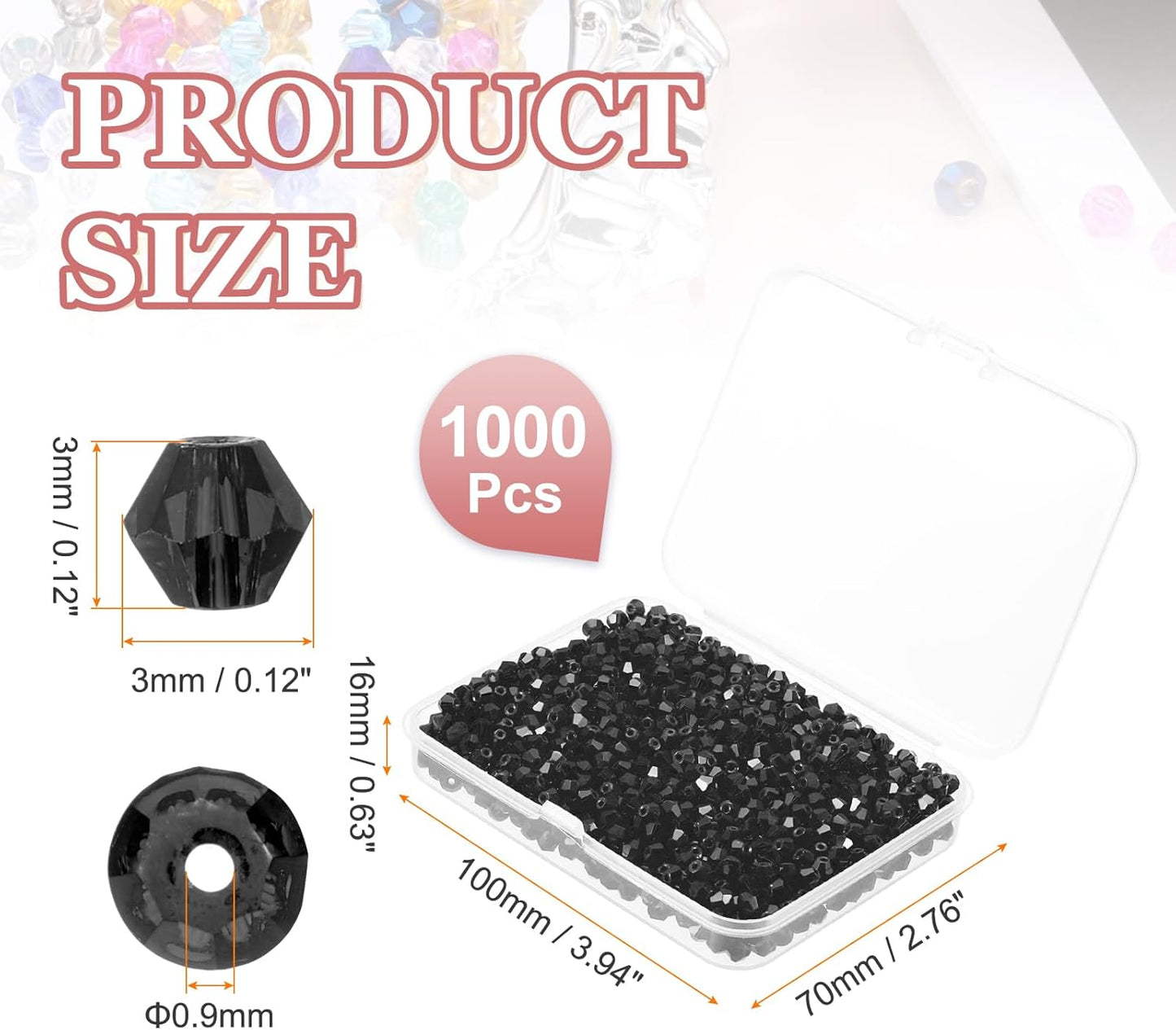 PATIKIL 1000pcs 3mm Bicone Glass Crystal Beads, Faceted Glass Spacer Beads with Box for Jewelry Making Bracelet Necklace Earrings DIY Suncatcher Craft, Black