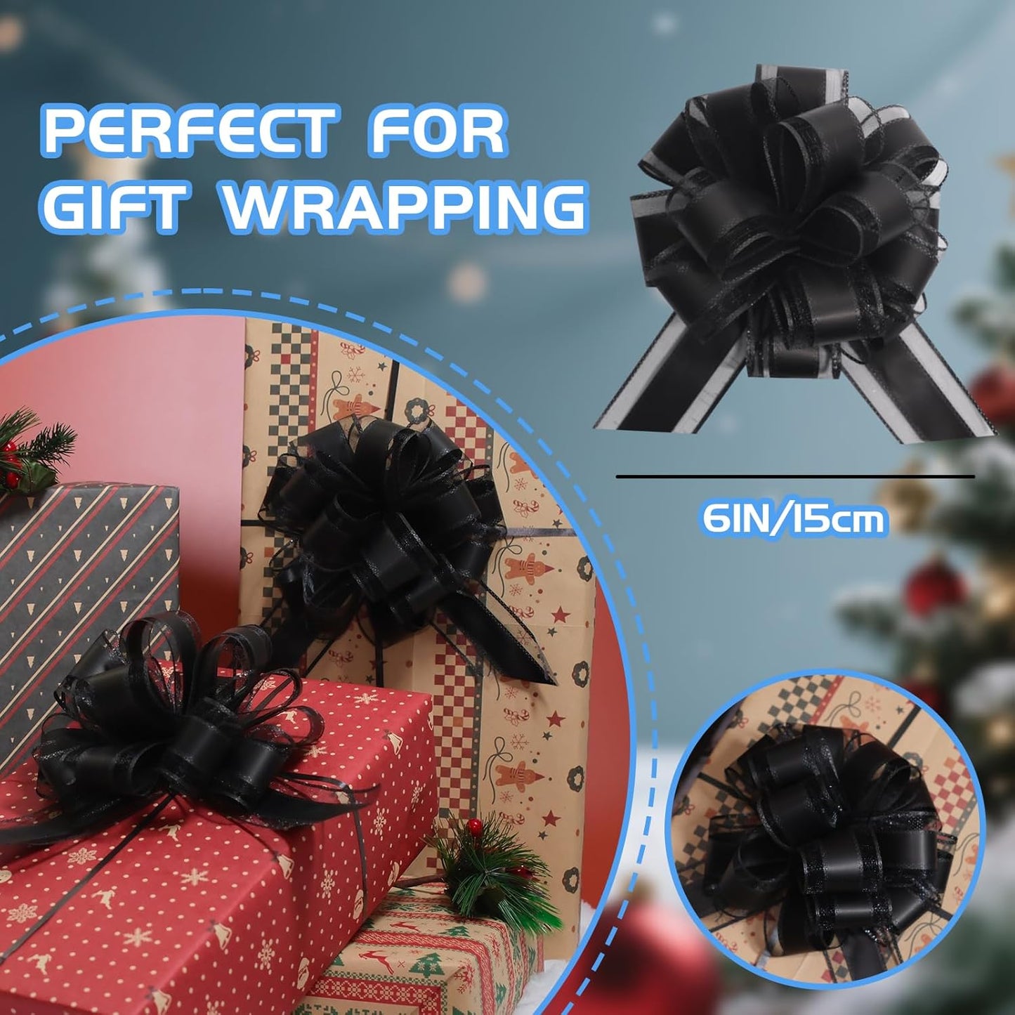 6 Pcs 6 Inch Black Pull Bows, Perfect for Gift Wrapping, Weddings, Party Decorations, Crafts Easy-to-Use Pull Bows for Gifts and Events