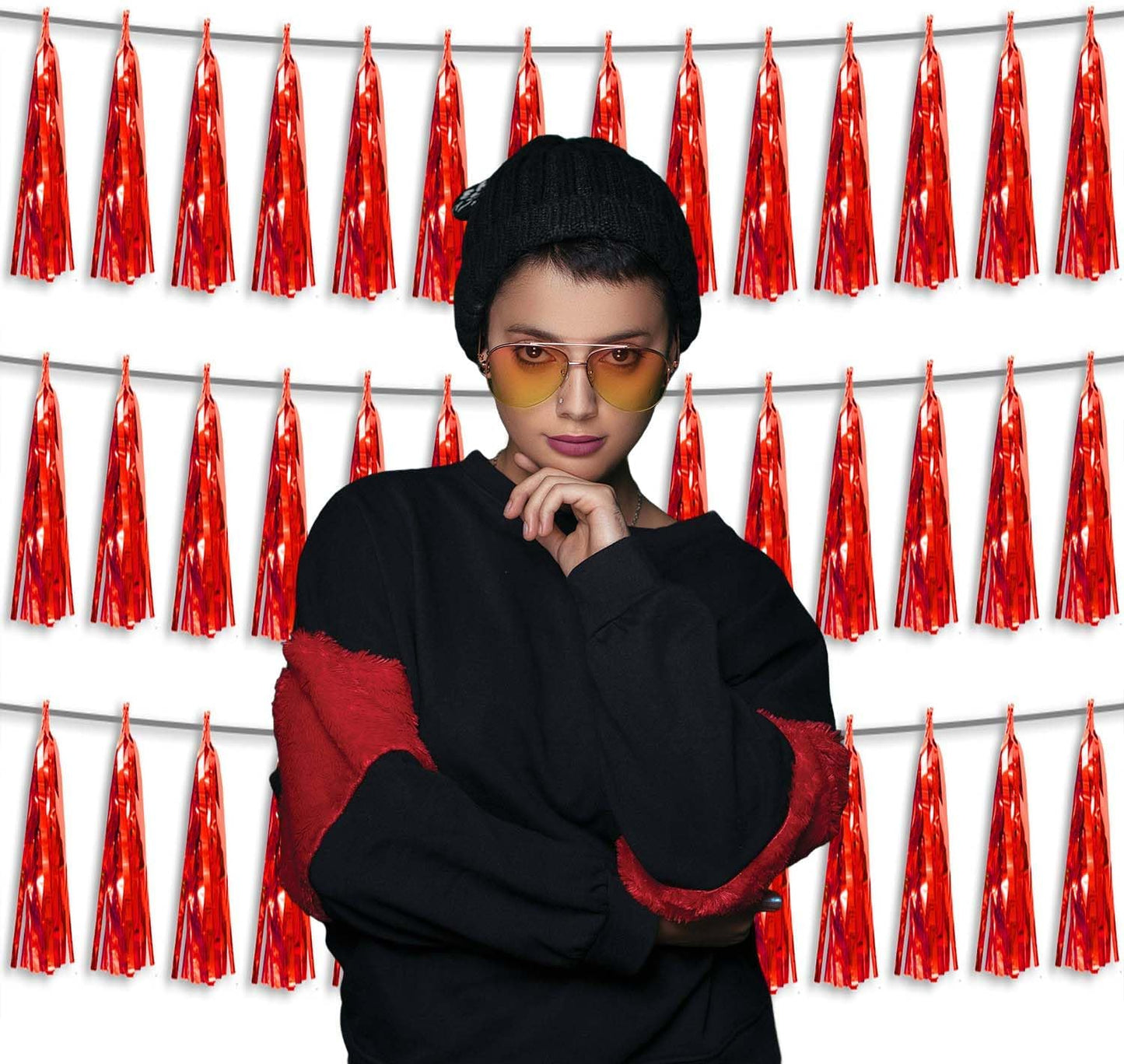 3P Metallic Fringe Tassel Banner Garland Foil Tinsel Streamer Wall Hanging Curtain Backdrop Banner for Parade Floats,Graduation Decorations, Wedding Party Decoration(Red)