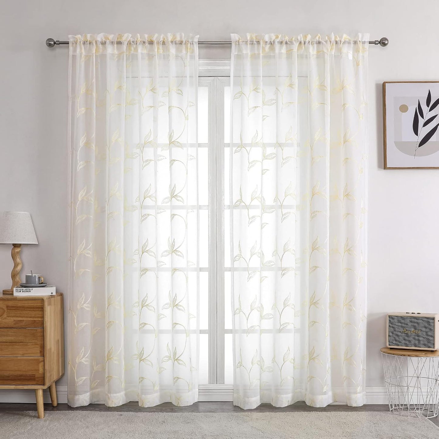 VISIONTEX Sheer Curtains 84 inch Length 2 Panels Set, White Voile Crushed Cream Vine Leaves Embroidery, Rod Pocket Embroidered Window Drapes for Living Room and Bedroom, 54" x 84"