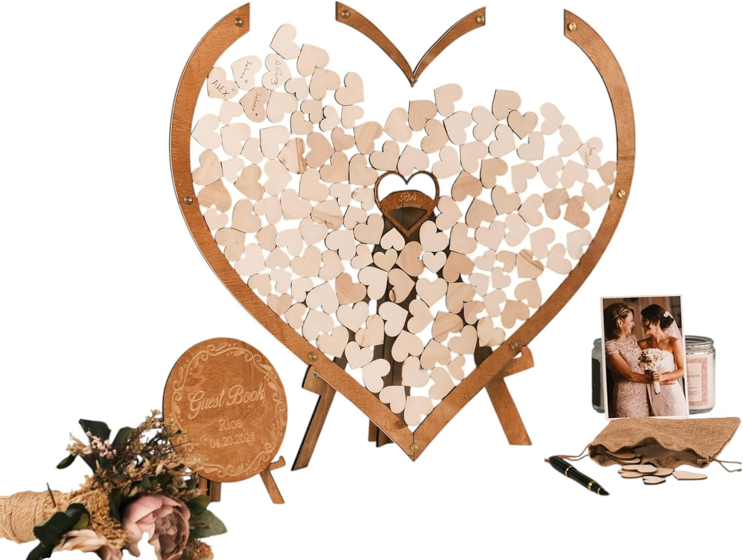 Personalized Wooden Wedding Guest Book Alternative – Rustic Heart Round or Rectangle Shape with Acrylic Display – Custom Gift for Couples