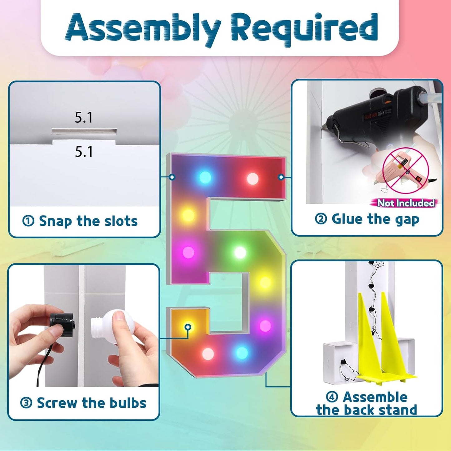 imprsv 4FT Colorful Marquee Numbers,18 Colors Number 5 with Remote, Light Up Numbers Sign for 50th Birthday Decorations Anniversary Party Decor, Pre-Cut Foam Board Kit, Mosaic Sign for Balloon