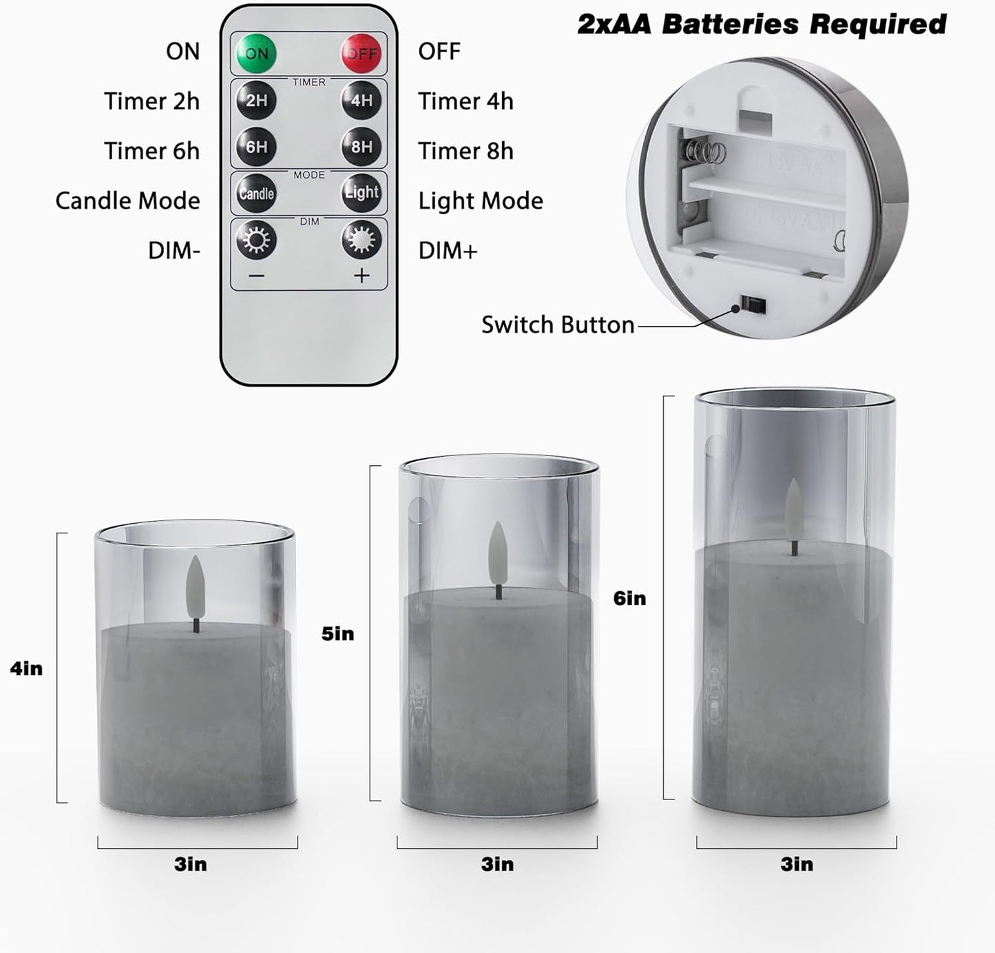 Ice Crystal Real Wax Glass Flameless Candles with Remote & Timer, Battery Operated Candles with Warm Flickering Flame, Realistic LED Candle for Wedding Home Decor [D3×H4/5"/6"] Grey, 3Pack