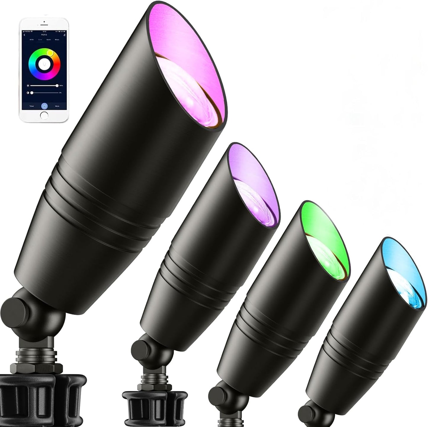 Smart RGB Low Voltage Landscape Lighting, 12V Color Changing Outdoor Spot Lights, Waterproof IP65 LED Garden Lights with App Control, Warm White to Multicolor, Uplight for Driveway (4Pack)