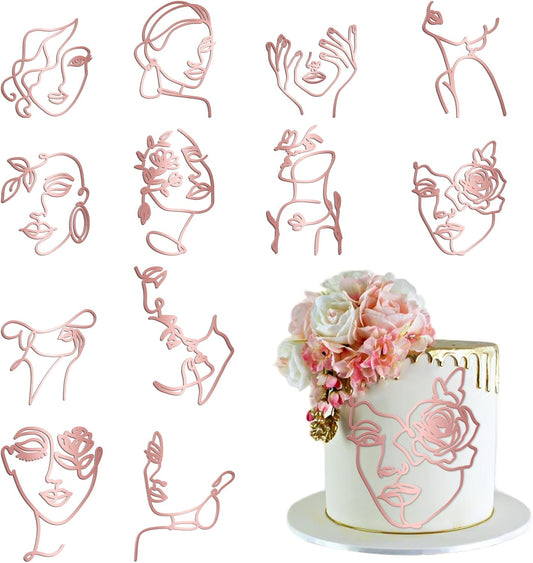 12 Pcs Acrylic Lady Face Cake Topper Minimalist Art Happy Birthday Cake Toppers Women Wedding Cake Decoration for Wedding Birthday Party (Rose gold)