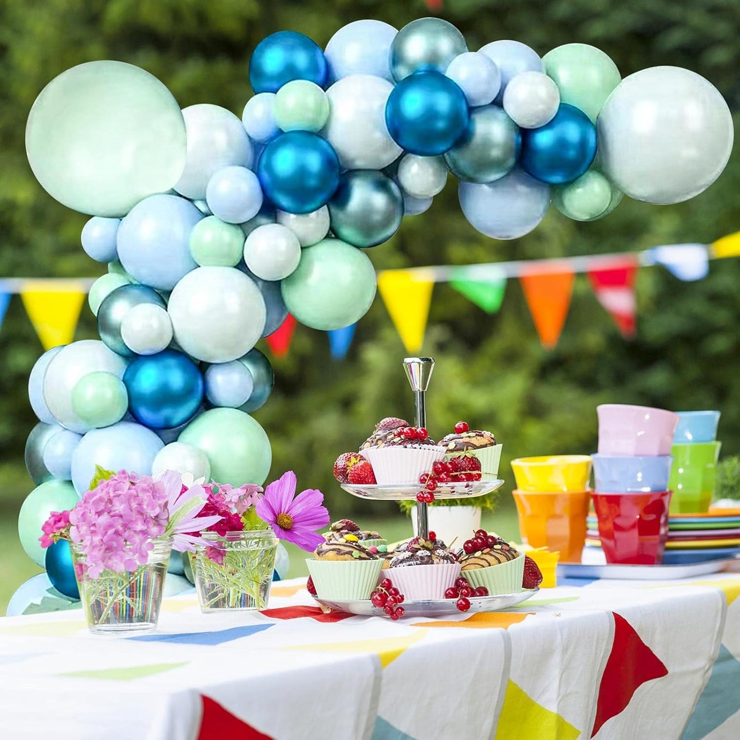 125pcs Blue Green Macaron Balloon and Metallic Blue Silver Balloon Garland Kit for Birthday Retirement Bridal Baby Shower Graduation Wedding Anniversary Party Decoration