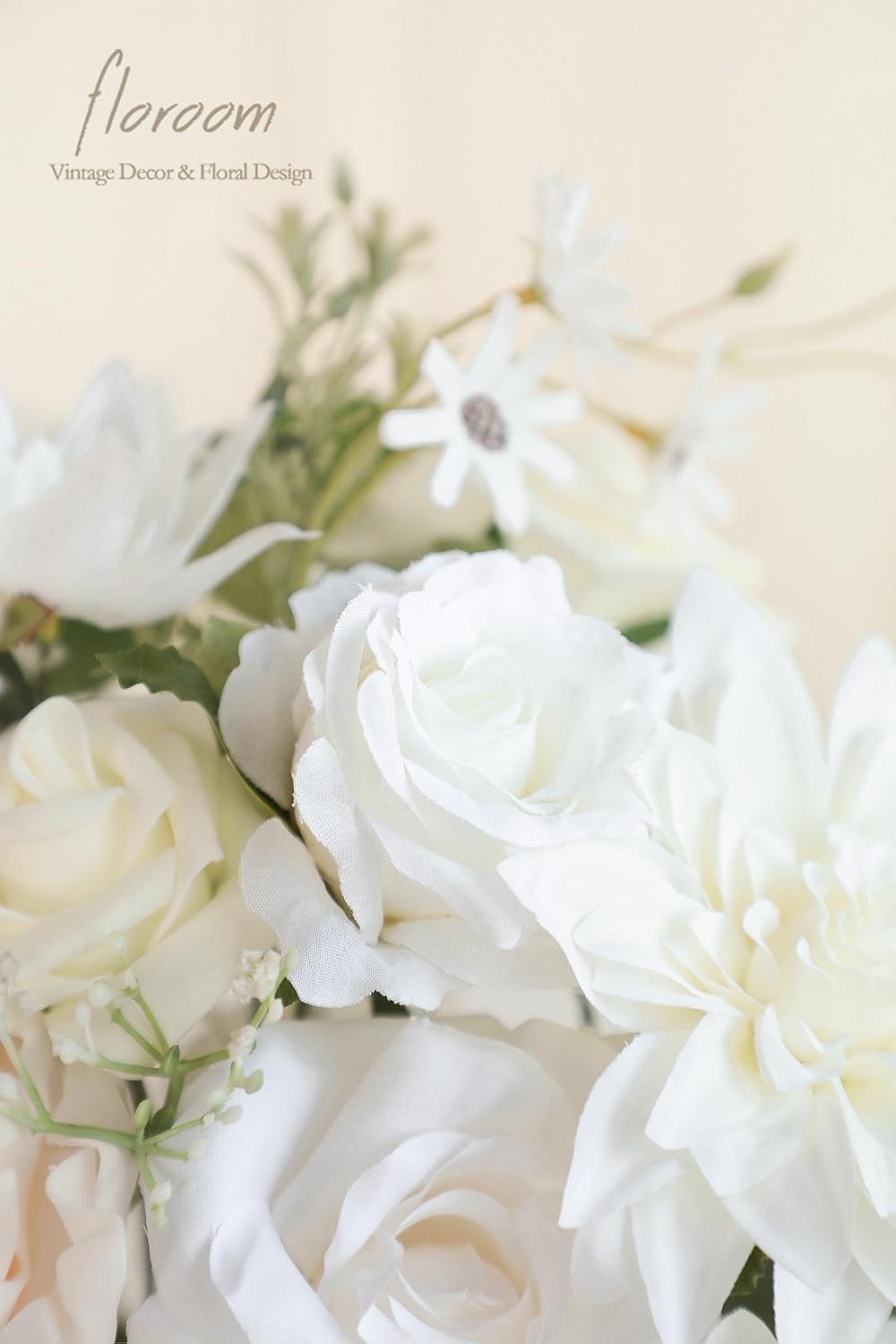 Floroom Ivory White Artificial Flowers Fake Roses Peonies Dahlia and Greenery Combo Box Set for DIY Wedding Bouquets Bridal Shower Centerpieces Floral Arrangements Party Tables Home Decorations