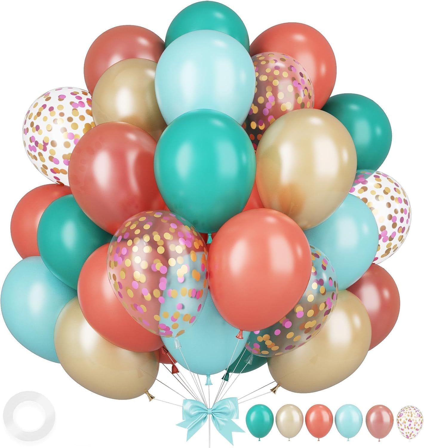 Rose Gold Blush Blue Balloons, 12 Inchs Teal Retro Apricot Confetti Balloons for Girls Kids Cratoon Theme Birthday Baby Shower Wedding Summer Pool Beach Hawaiian Tropical Party Decorations