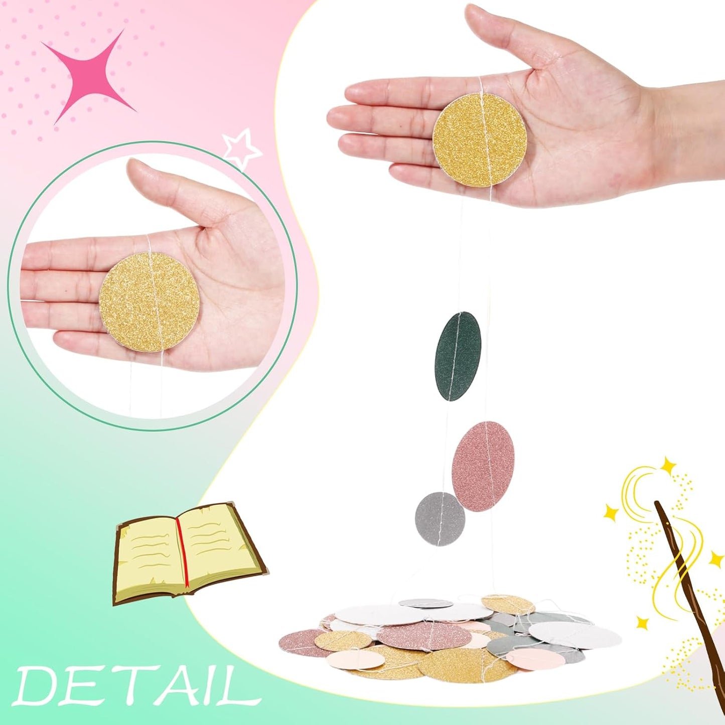 Outus 10 Pieces Colorful Dots Paper Garland Round Glitter Garland Hanging Confetti Streamers Backdrop for Candy Birthday Classroom Halloween Trunk or Treat Car Decoration (Sage Green,Pink,Gold)