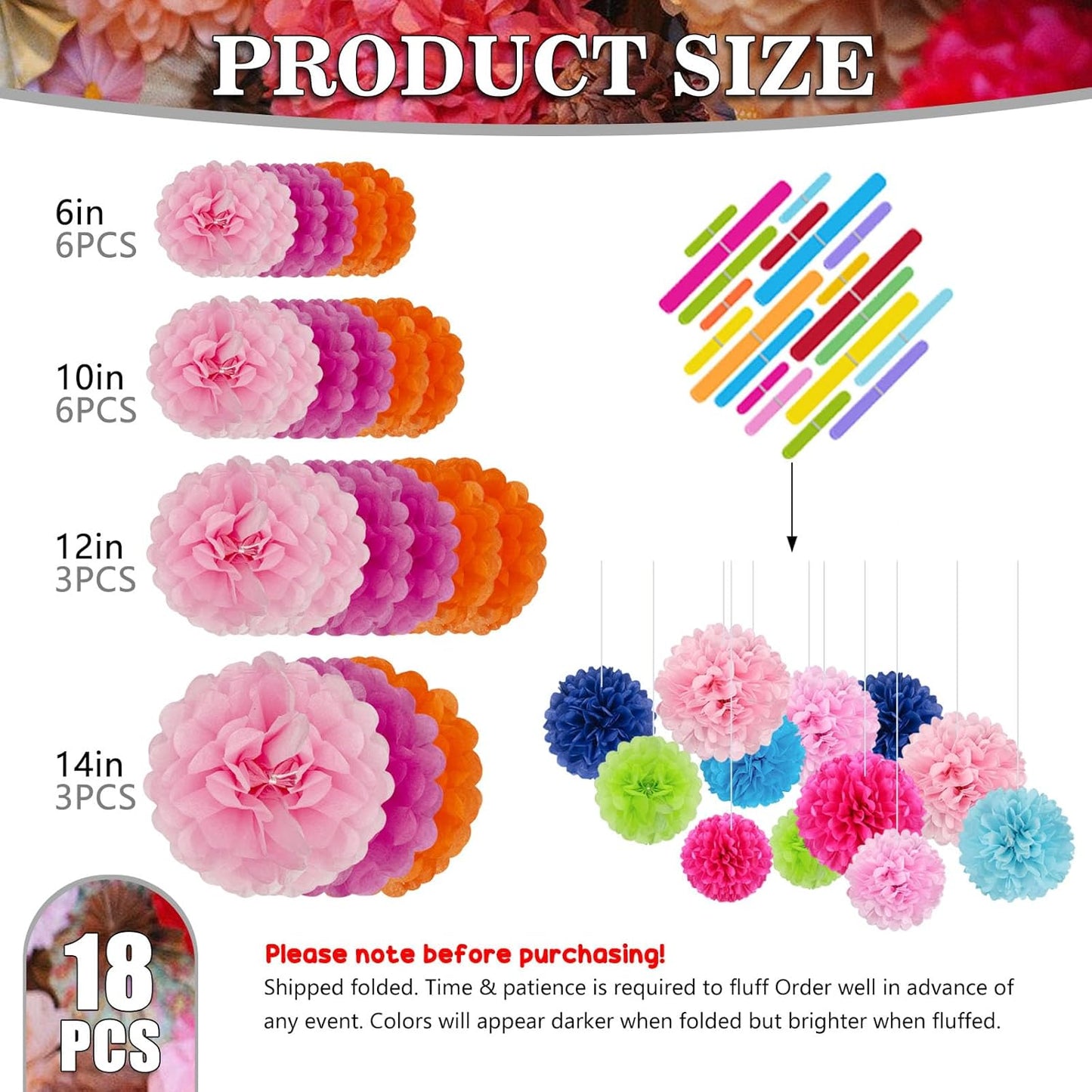 Tissue Paper Pom Poms, Pink,Orange,Fuchsia Tissue Paper Flowers, Hanging Flower Balls for Weddings Fiesta Parties Birthday Baby Showers Classroom Bridal Shower Decoration (18Piece Set-6/10/12/14Inch)