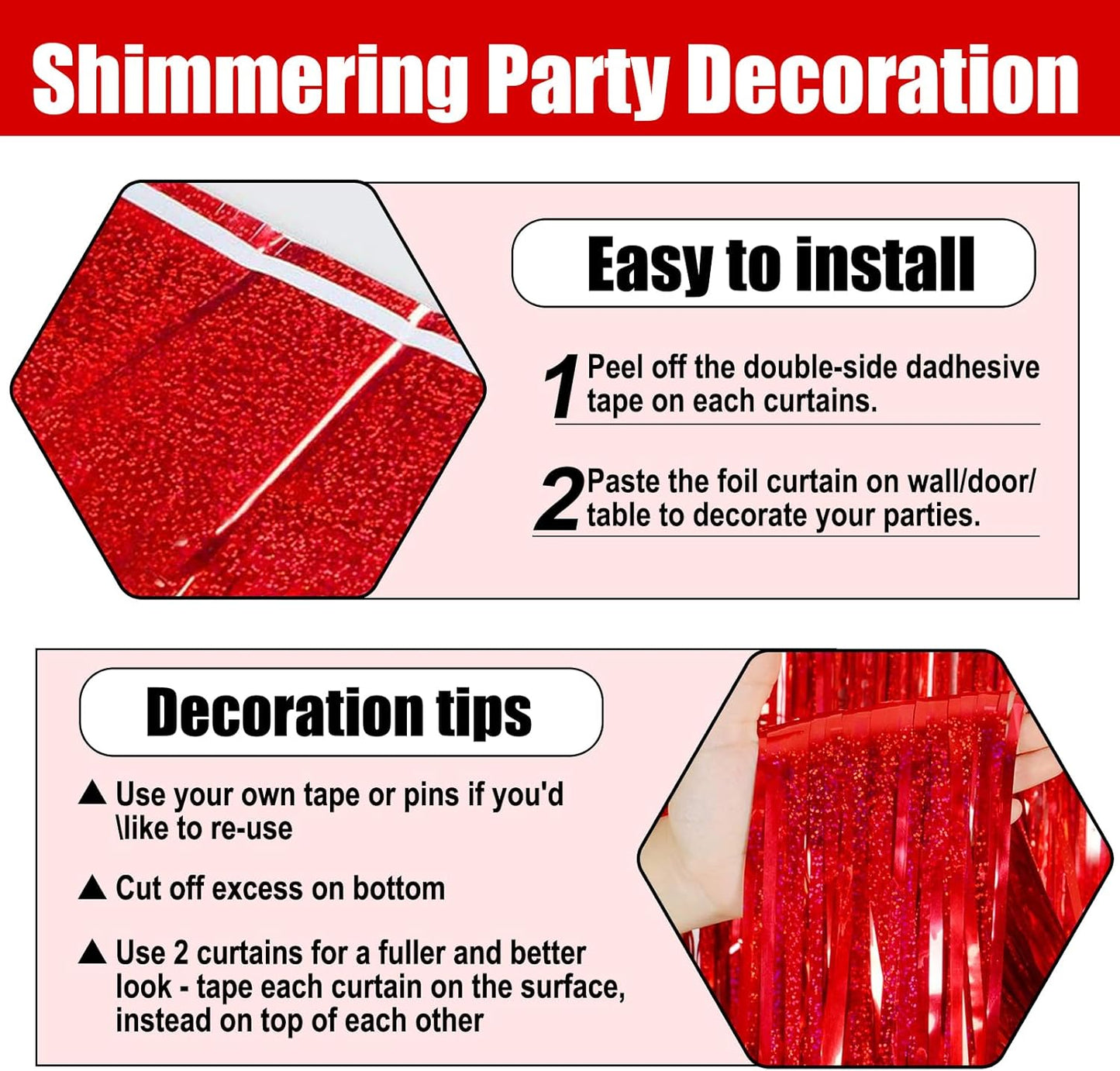 3 Pack Red Foil Fringe Curtain Backdrop, 3.28Ft x 8.2Ft Metallic Tinsel Foil Fringe Streamer Curtains for Photo Booth, Mother's Day, Easter, Birthday, Wedding Party Decorations