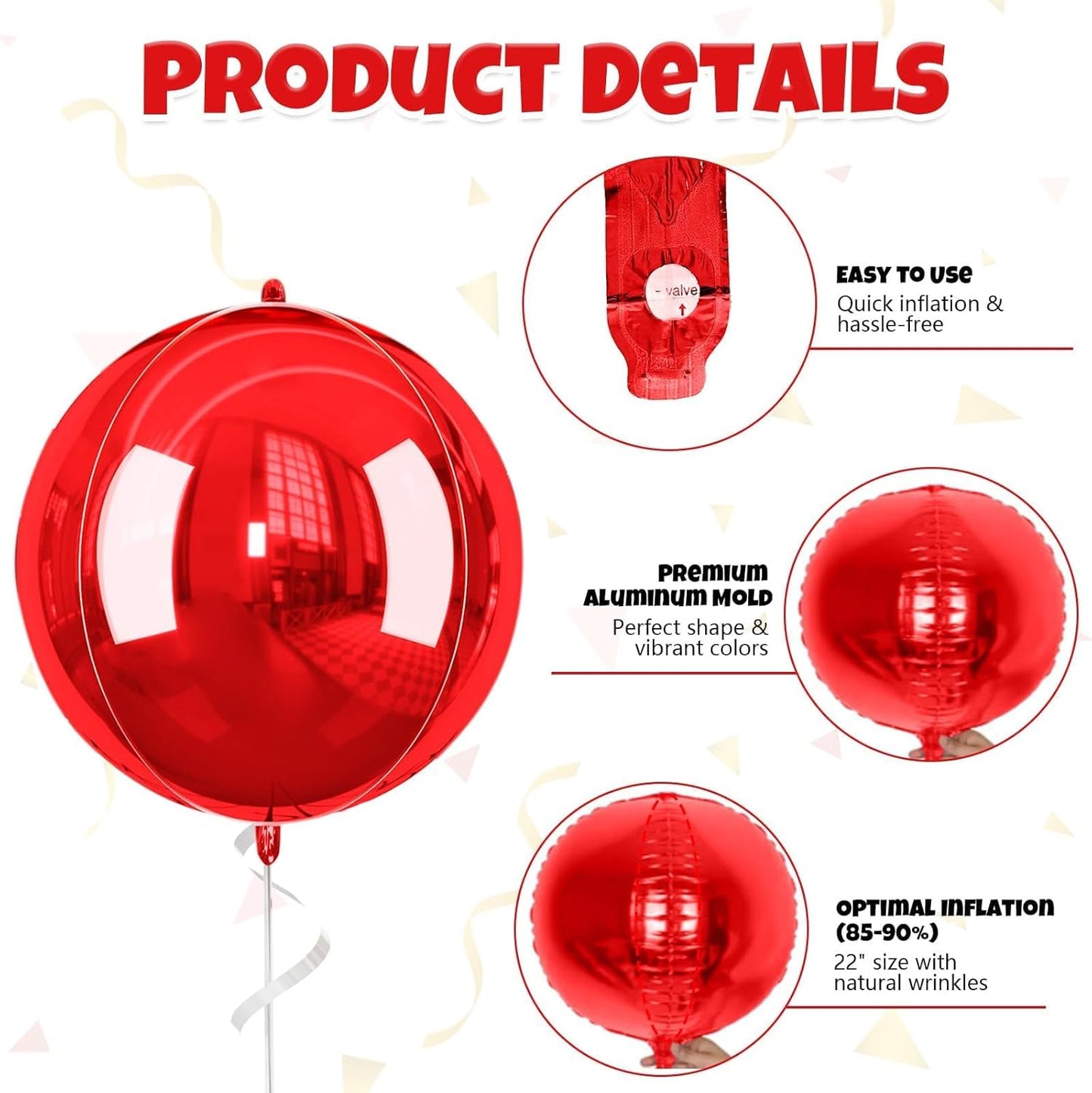 Red Giant 4D Foil Balloons, 6Pcs Large Metallic Round Balloons, 22 Inch Big Round Foil Balloon for Red Birthday Party Baby Shower Wedding Decorations