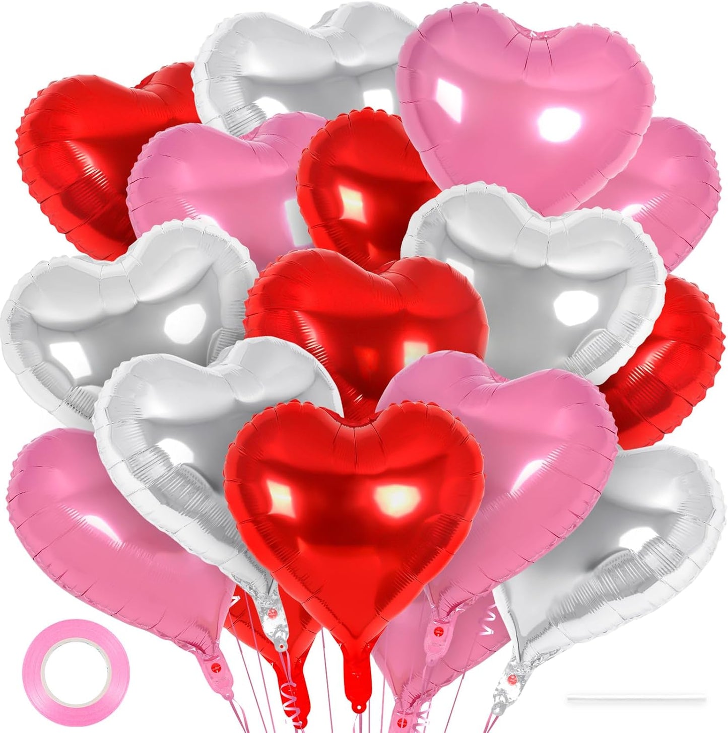 24 Pcs Red Pink Silver Heart Balloons,18 inch Heart Foil Balloons Love Balloons Valentine Balloons for Birthday Party Wedding Engagement Party Baby Shower Valentine Day Decorations (Red Pink Silver)