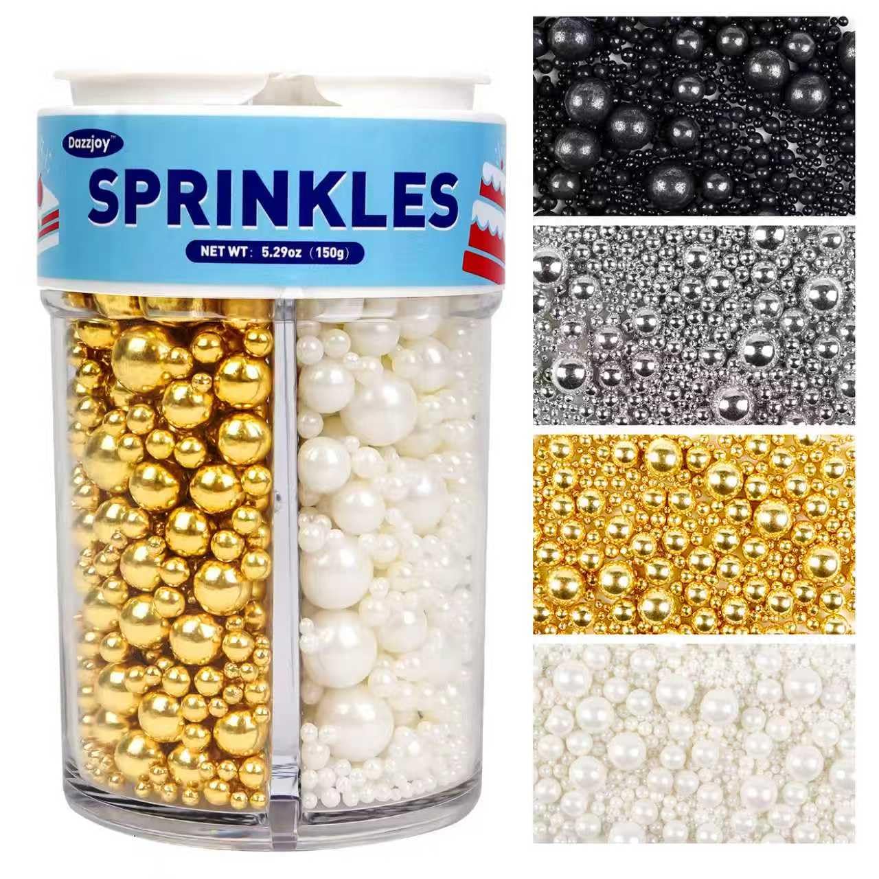 Dazzjoy Mix Pearl Sprinkles, Food Grade, Edible Pearls for Cake Decorating, 150g/5.29oz, Cake Decoration & Cupcake Topper, Wedding Party Valentines Supplies