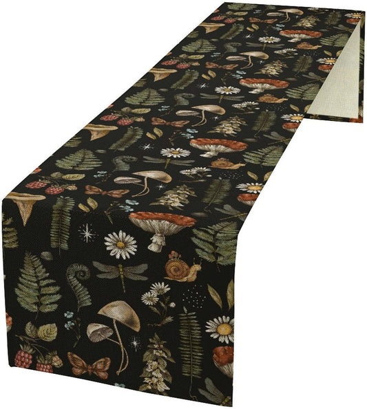 Mushroom Table Runner,Retro Forest Plant Table Runner for Kitchen Dining Table Home Party Decoration 13x72 Inch