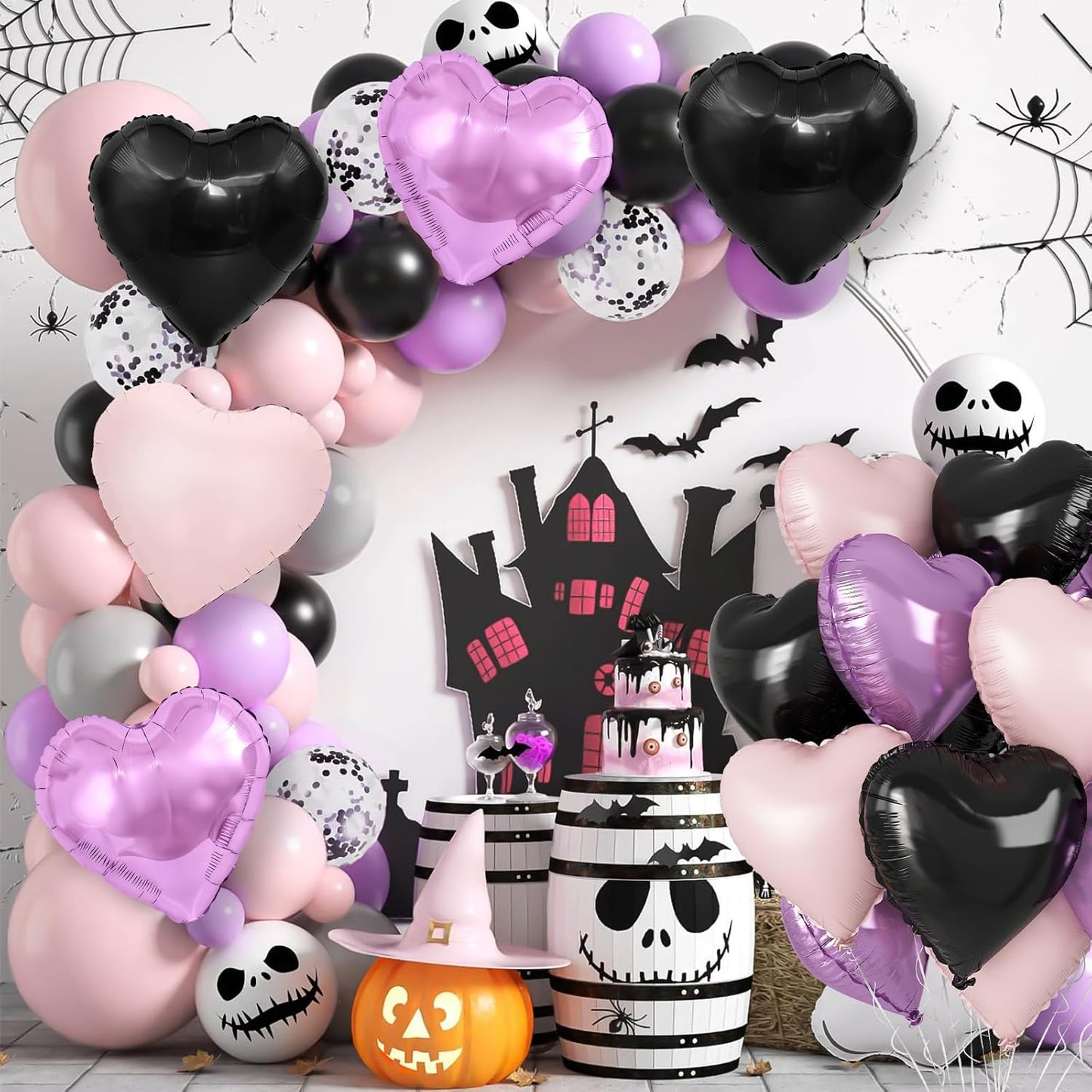 Purple Pink Black Heart Balloons, 18 Inch Baby Pink and Purple Black Heart Foil Shape Balloon, 12PCS Large Love Helium Balloons for Halloween Birthday Bridal Shower Wedding Anniversary Party Decor