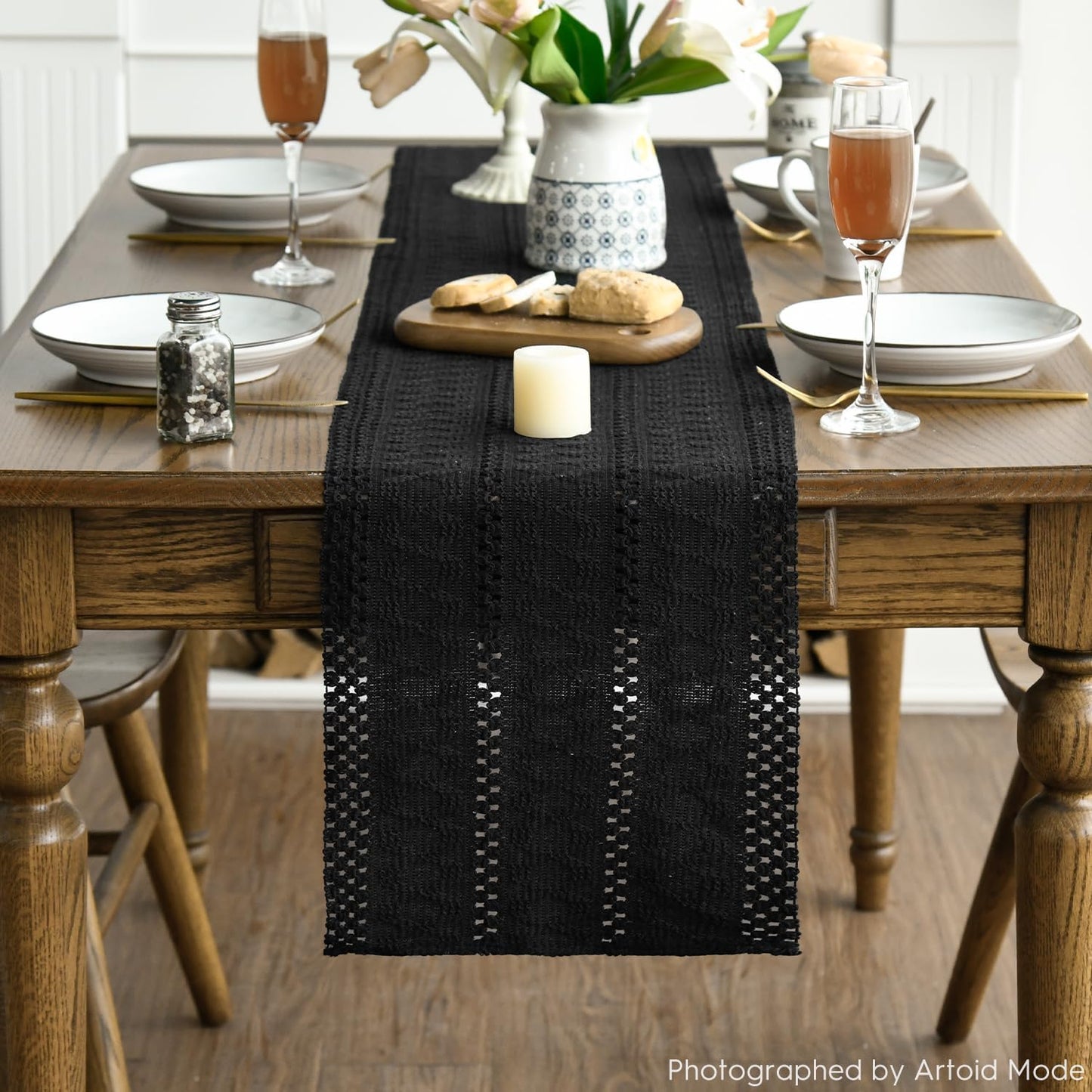 Artoid Mode Black Farmhouse Woven Rustic Hollow Table Runner, Seasonal Holiday Kitchen Dining Table Decoration for Home Party Decor 12x36 Inch