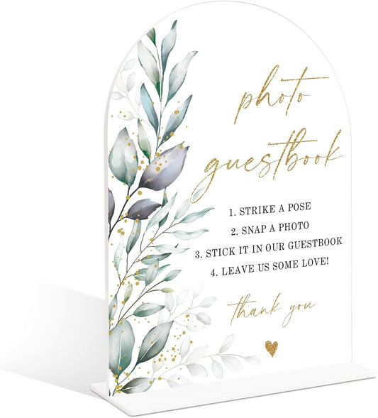 Acrylic Wedding Signs, Greenery Theme Photo Guestbook Sign, Wedding Reception Signage, Bridal Shower Table Decor with Stand, Engagement, Anniversary, Newlywed Events and Parties Supplies, 12