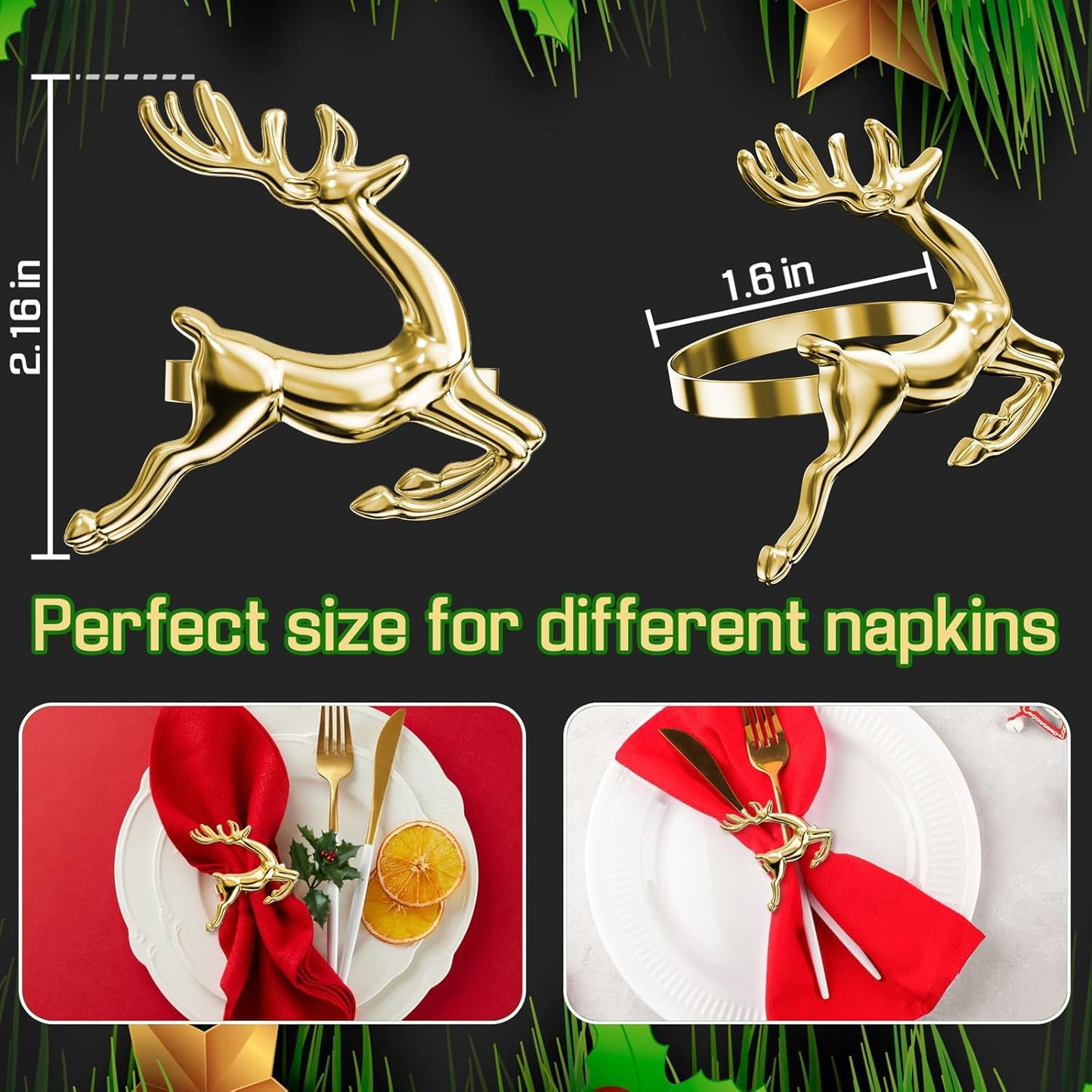 ZeeDix Gold Reindeer Christmas Napkin Rings Set of 24, Napkin Holder Ring for Christmas Dinner Table Decor Cloth Napkins, Wedding Receptions, Holiday Party, Banquet and Home Kitchen