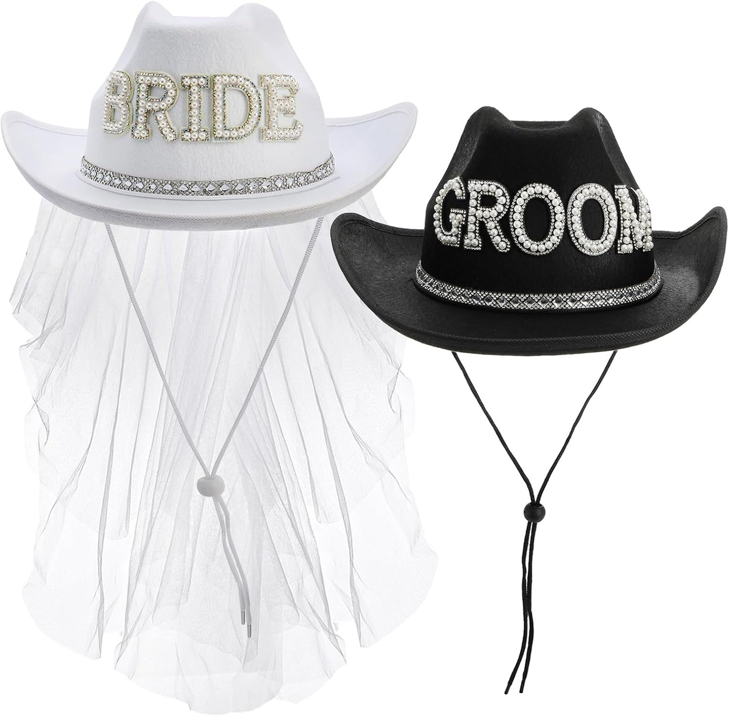 Frcctre 2 Pcs Bride Cowgirl Hat with Veil, Black Groom Cowboy Hat, Rhinestone Bride and Groom Cowboy Hats Wedding Bridal Shower Bachelorette Party Decoration Western Party Dress Up Accessories