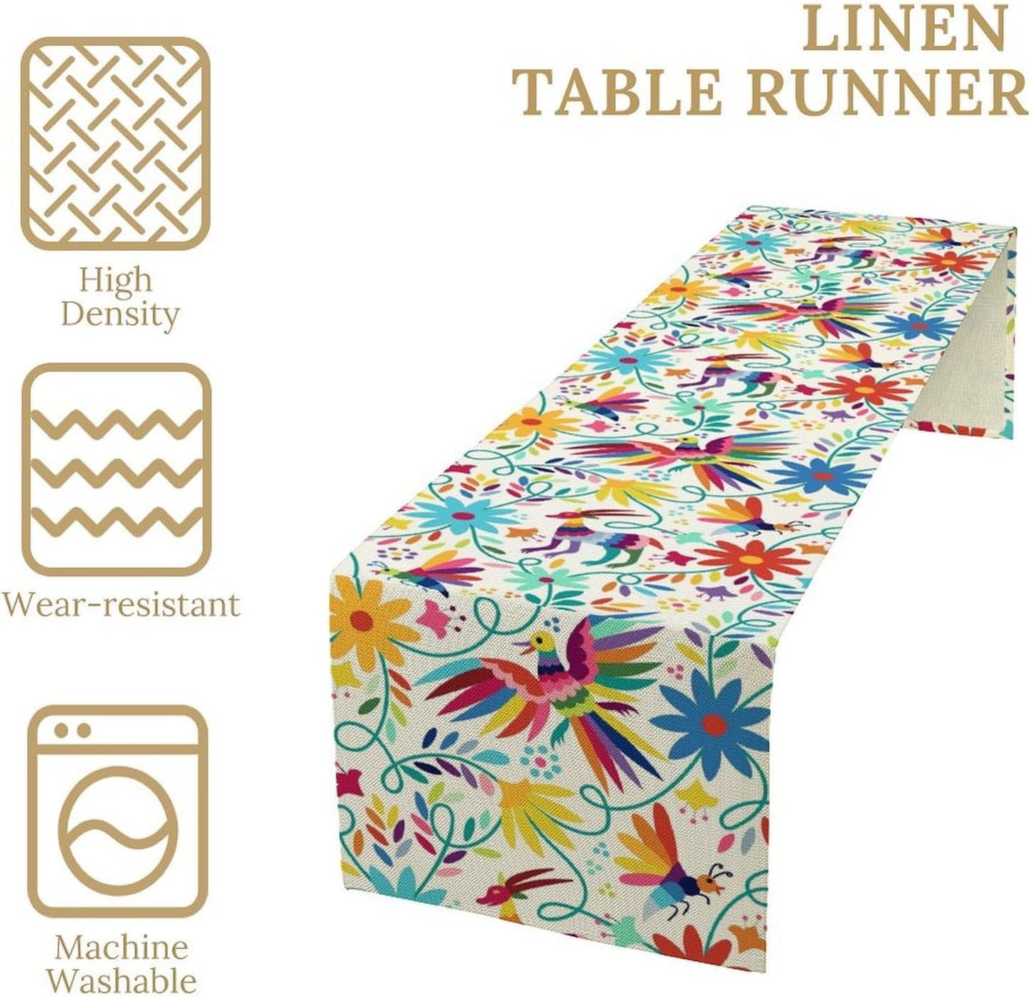 Mexican Table Runner,Boho Colorful Nature Inspired Flowers and Birds Table Cloth Kitchen Dining Table Home Party Decoration 13x72 Inch