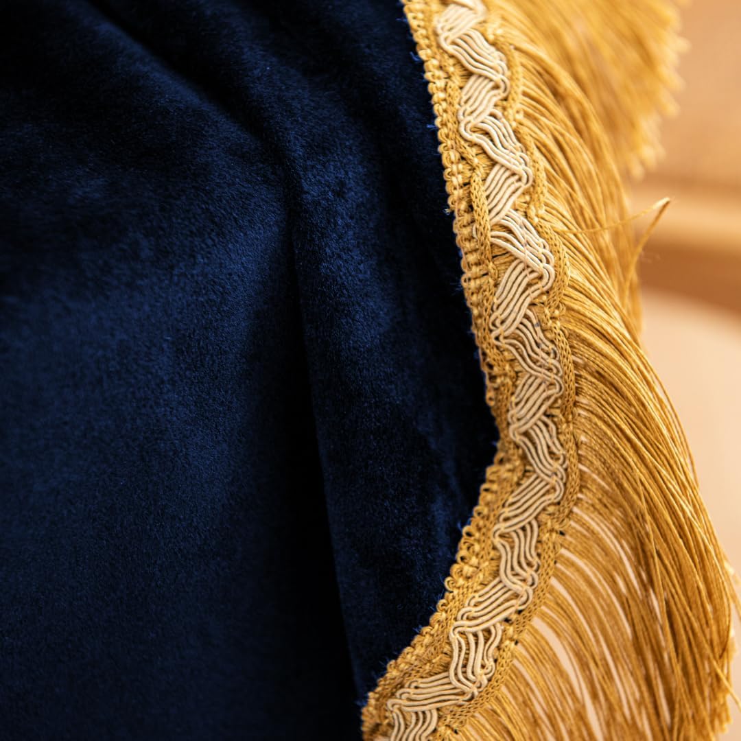 F-CHU Blue Tablecloth Thickset Velvet Tablecloth with Beautiful Gold Tassels Vintage Table Cloth for Home Decor Wedding, Party, Banquet and Events 60x120-Inch