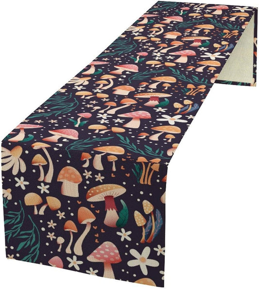 Mushroom Table Runner,Retro Forest Plant Table Cloth Farmhouse Kitchen Dining Table Decoration for Home Party Decor 13x60 Inch