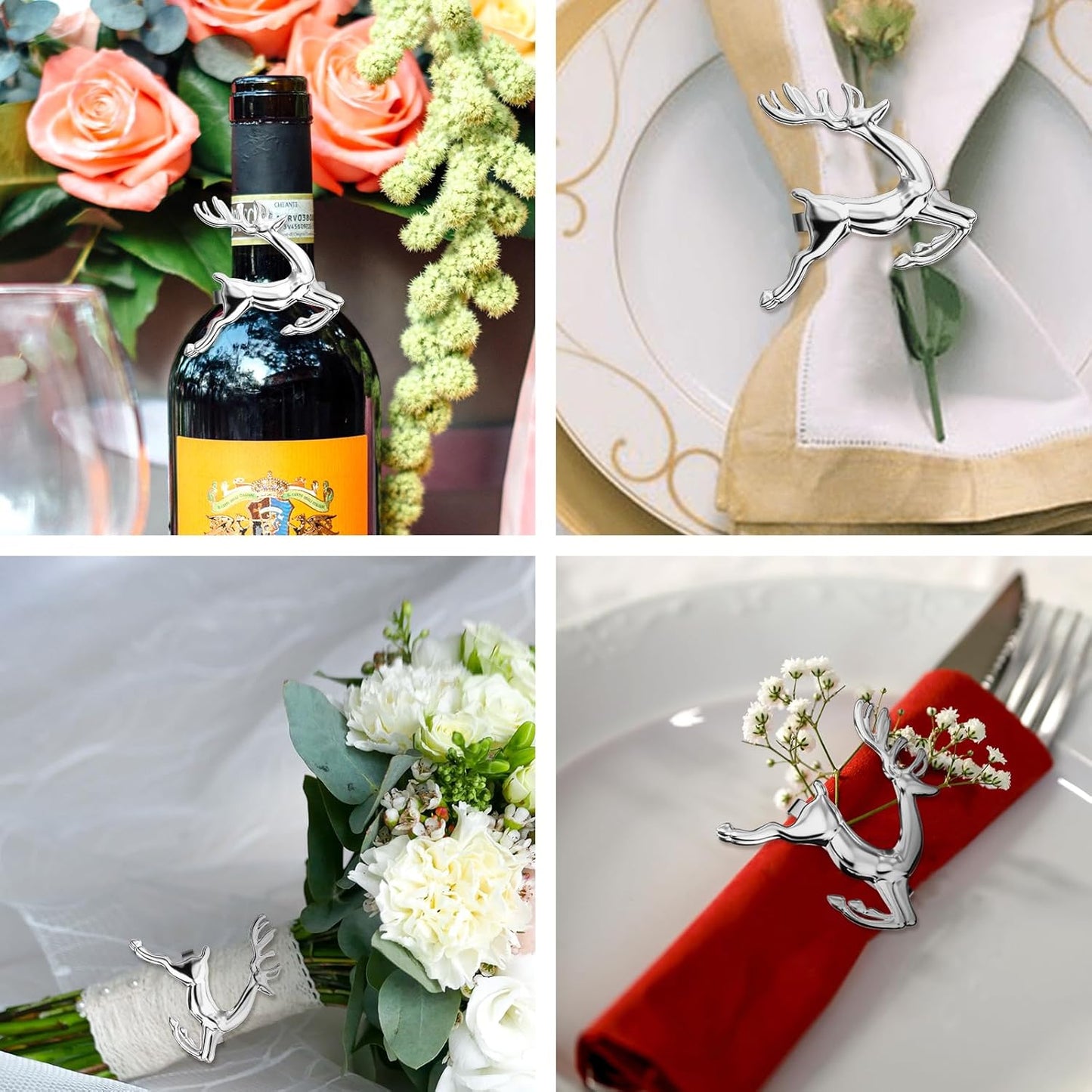 ZeeDix Silver Reindeer Christmas Napkin Rings Set of 8, Napkin Holder Ring for Christmas Dinner Table Decor Cloth Napkins, Wedding Receptions, Holiday Party, Banquet and Home Kitchen