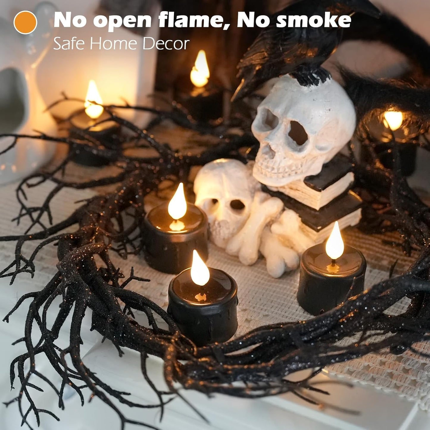 FREEPOWER Black Tea Lights Candles (NO Remote),Rechargeable Flameless Candles with 6 Hour Timer,LED Tealight Candles,Flameless Tealights Flickering Realistic for Halloween Decorations,Set of 6