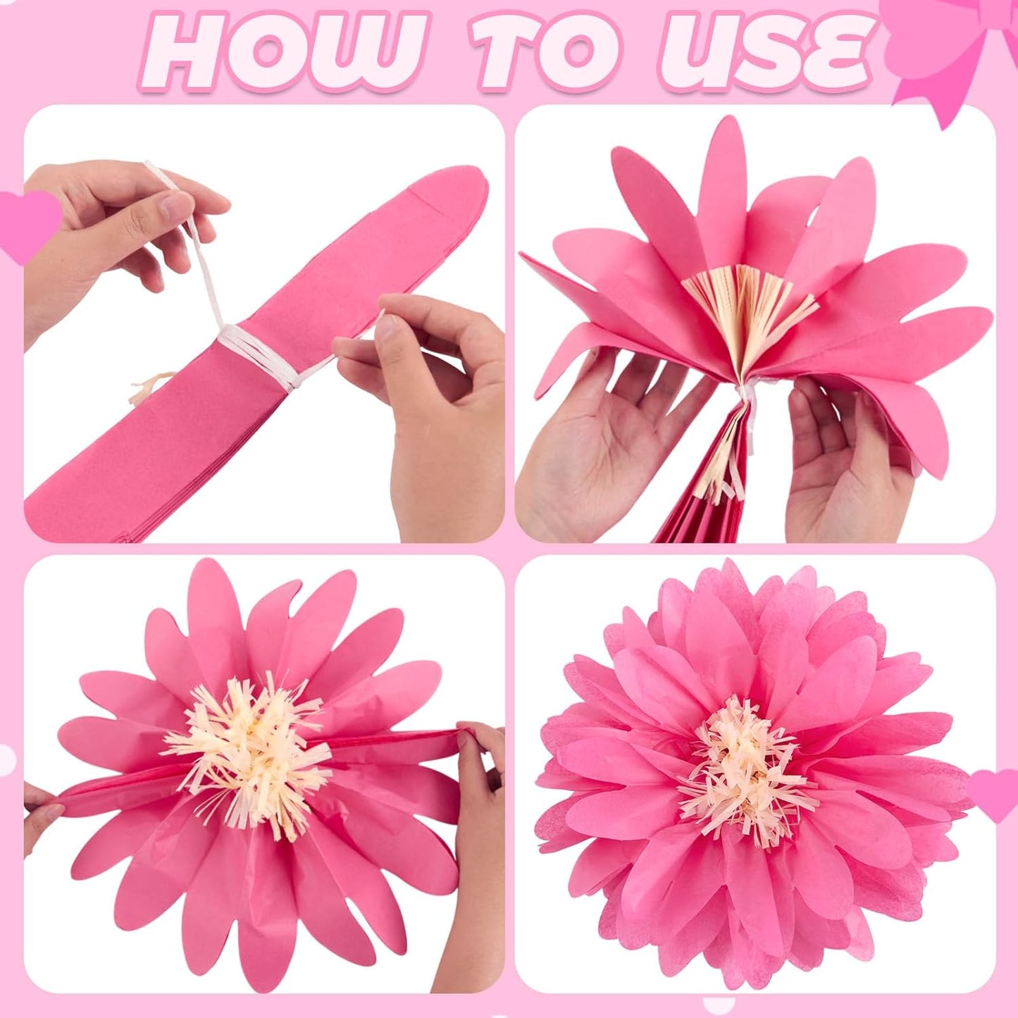 12 Pcs Pink Tissue Paper Flowers Daisy Tissue Paper Pom Poms Party Decorations Spring Party Decoration Paper Flowers Decorations for Wall Backdrop Garden Wedding Decor