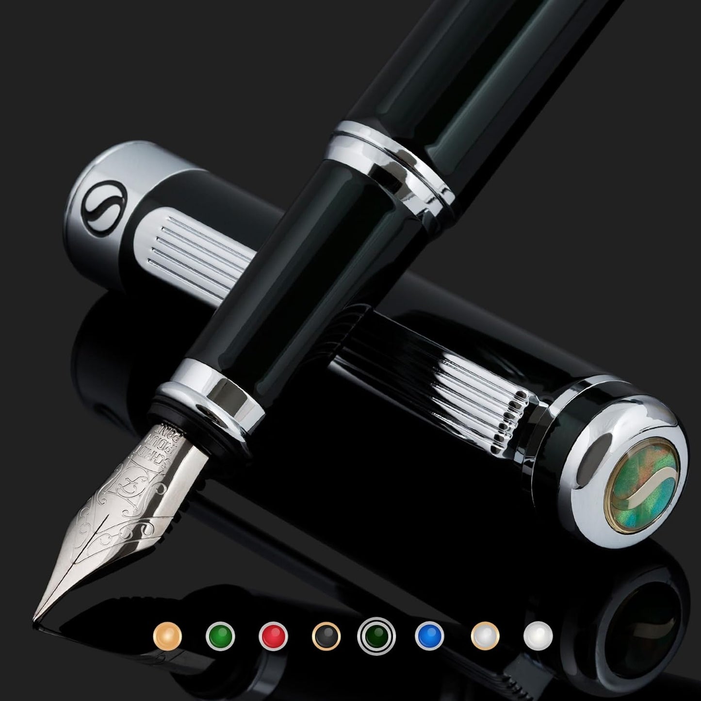 Scriveiner Black Green Fountain Pen - Stunning Luxury Pen with Chrome Finish, Schmidt Nib (Fine), Best Pen Gift Set for Men & Women, Professional, Executive, Office, Nice Pens