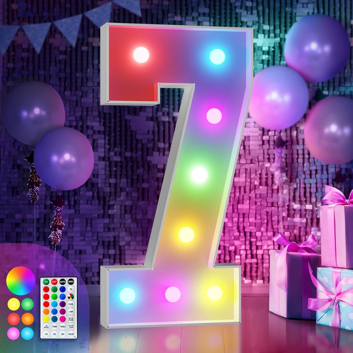 imprsv 3FT Colorful Marquee Numbers,18 Colors Number 7 with Remote, Light Up Numbers Sign for 70th Birthday Decorations Anniversary Party Decor, Pre-Cut Foam Board Kit, Mosaic Sign for Balloon