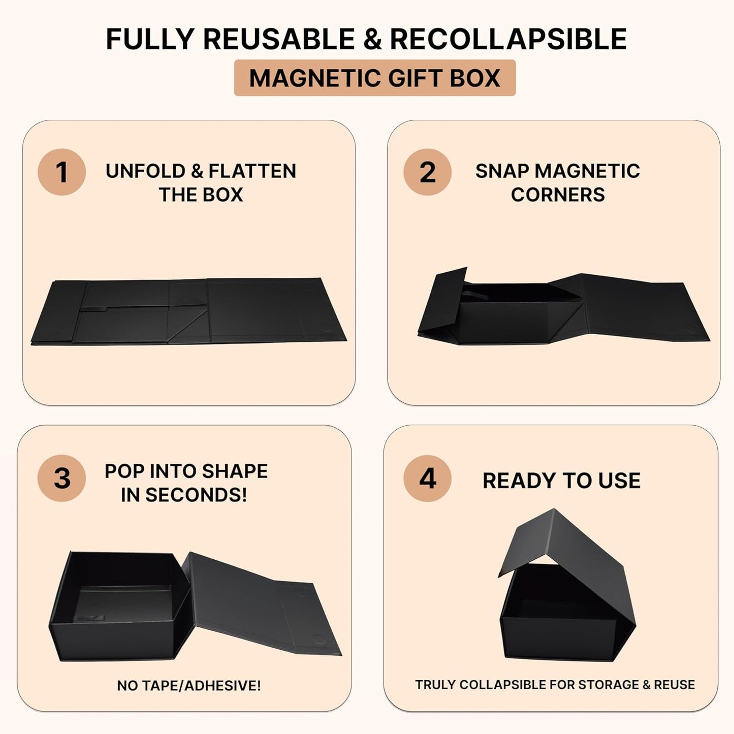 CECOBOX - Gift Boxes with Lids for Presents 6"x6"x2.75" - Matte, Collapsible Magnetic Closure Gift Box - Groomsmen & Bridesmaid Proposal Boxes, Wedding, PR, Birthdays, Holidays (Black)