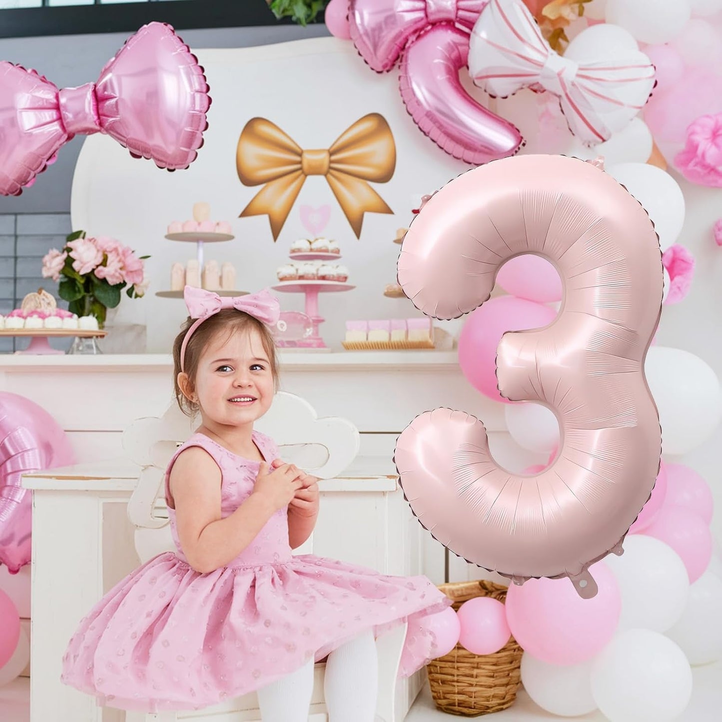 Pink Number 3 Balloon, 40 Inch Giant Pastel Light Pink Number Balloons 0-9 for Girls, Self Inflating Helium Foil 3rd Birthday Balloon 3 for Anniversary Baby Shower Coquette Princess Party Decorations