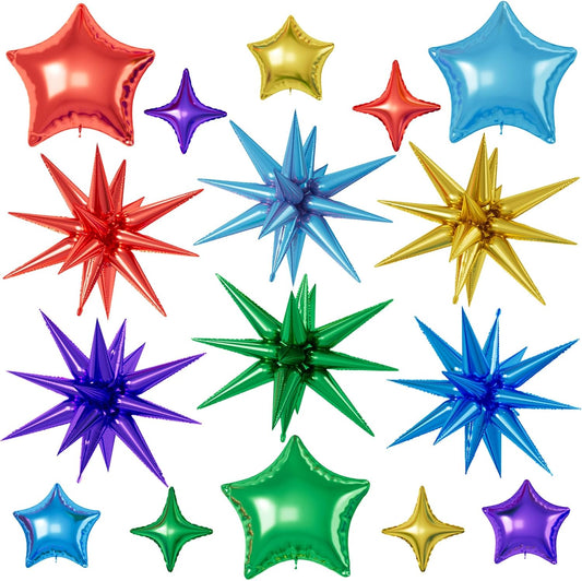 16 Pcs Colorful Star Balloons, 22/18/10 Inch Foil Rainbow Balloons, Red Blue Gold Purple Green Balloon for Kids Boy Girl Birthday Wedding Baby Shower Party Decorations