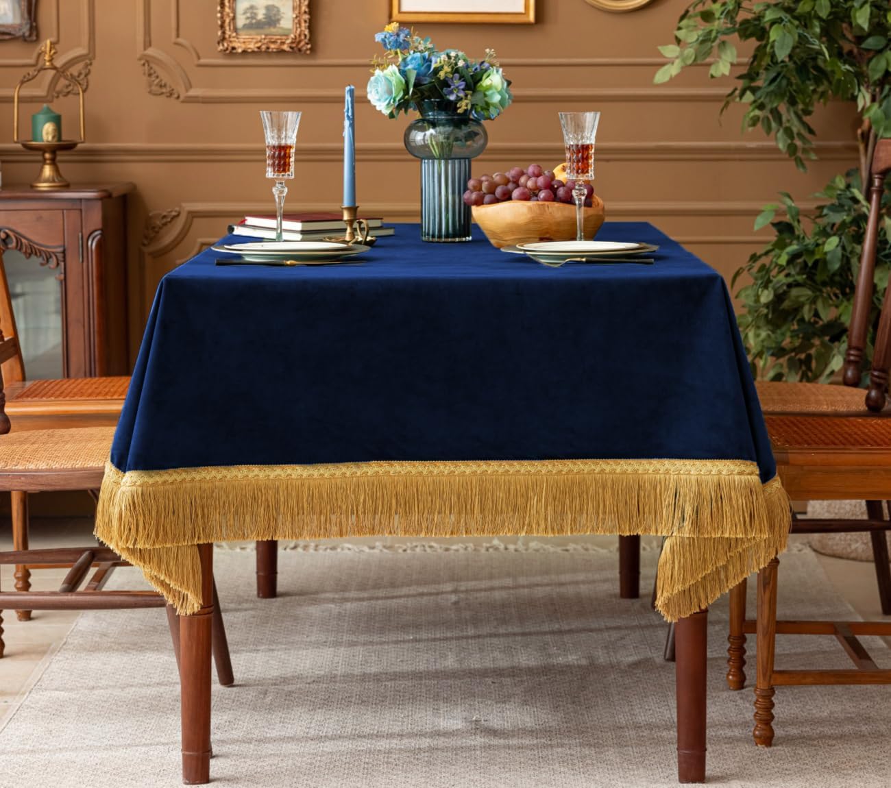 F-CHU Small Square Velvet Tablecloth with Beautiful Gold Tassels Vintage Table Cloth for Home Decor Wedding, Party, Banquet and Events 36x36-Inch，Blue