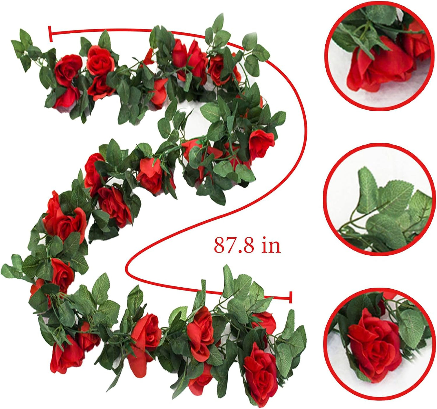 4 Pack Artificial Rose Vine Garland Fake Roses Flowers Plants Vines Hanging Floral Leaves Decoration for Wedding Party Table Garden Arch Wall Home Room Decor(Red)