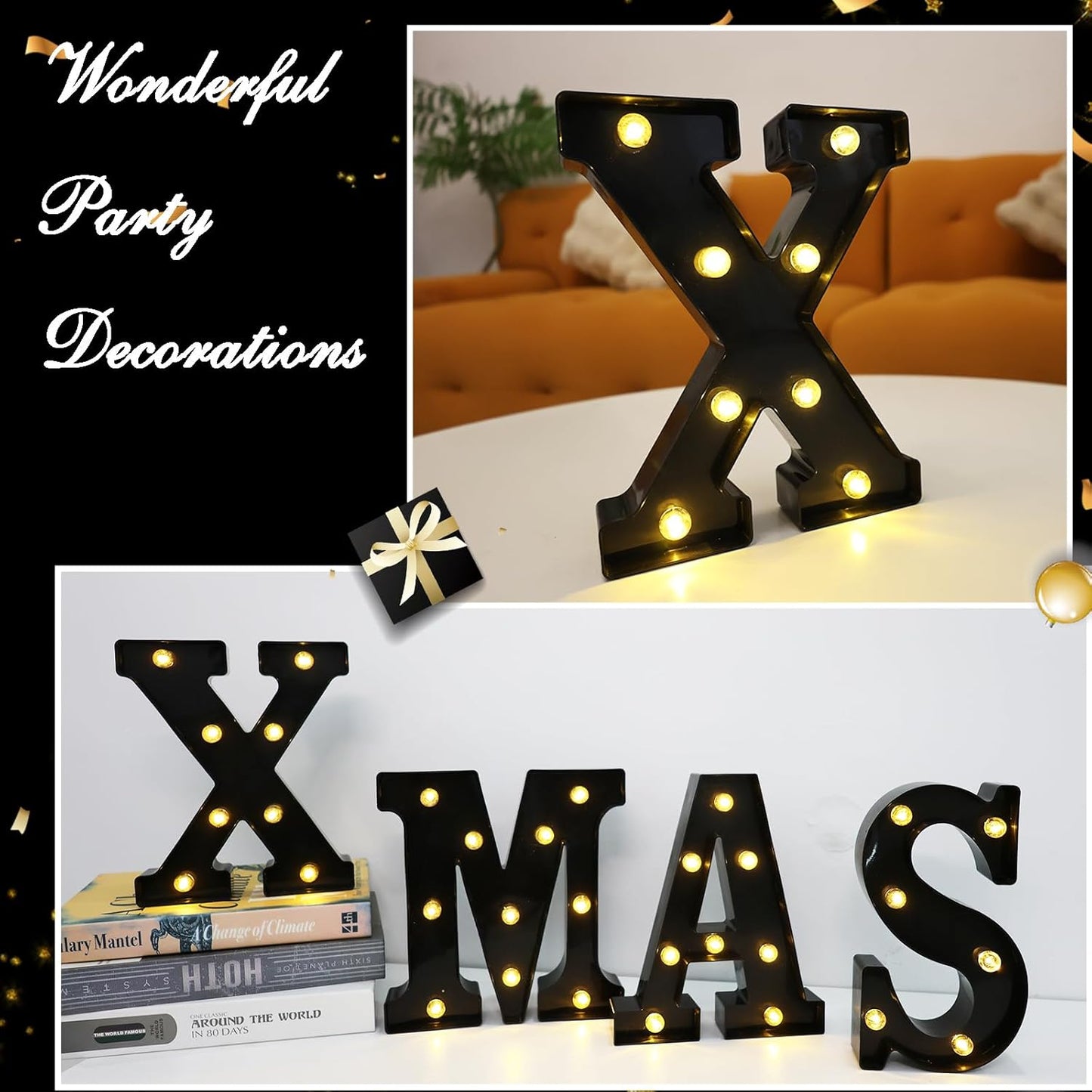 Led Marquee Letters, 8.58 Inch Black Light Up Letters, Small Led Letter Lights, Battery Powered Lighted Letterfor Table, Party, Birthday, Christmas Decor (Black, Letter X)