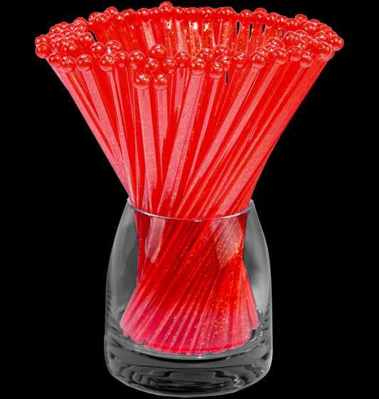 50-PCS Christmas Red Glitter Plastic Swizzle Sticks, Crystal Cake Pops, Cocktail Coffee Drink Stirrers, Stir Sticks for Christmas Party, 7.24 Inch