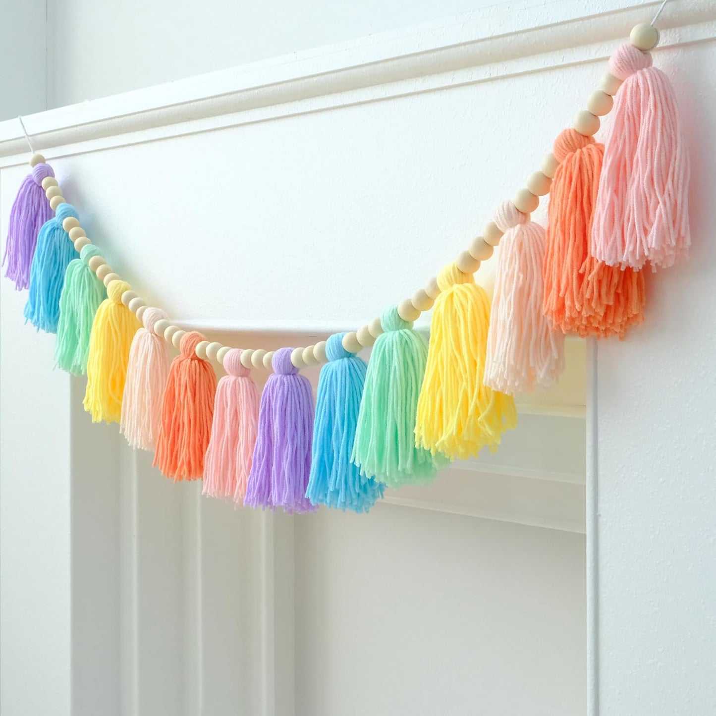 Pastel Rainbow Boho Tassel Garland Wall Hanging with Wood Beads for Baby Shower Birthday Party Classroom Dorm Nursery Decor