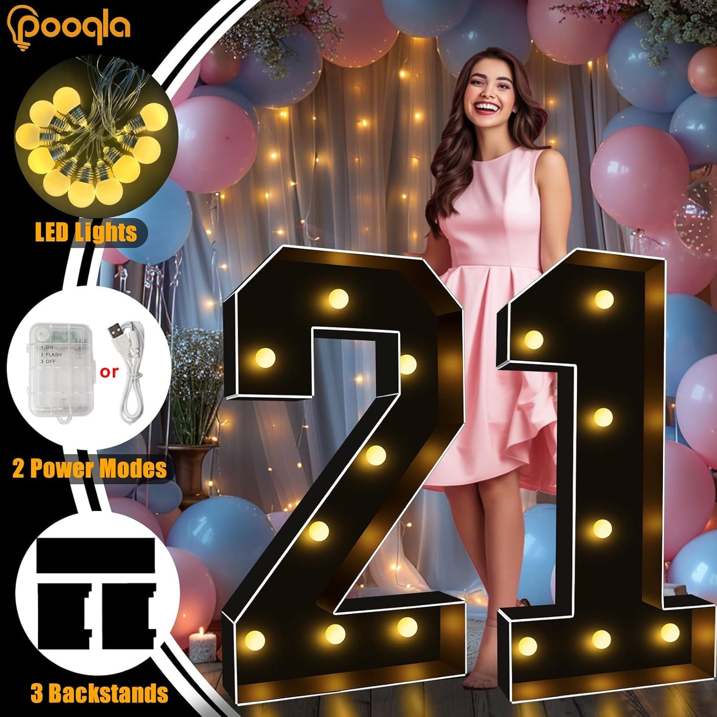 Pooqla 3FT Marquee Light Up Numbers, Black Lighted Party Decor for her him Women Men, Giant Mosaic Light Up Numbers for 4th 14th 40th Birthday Anniversary Decoration, Number 4