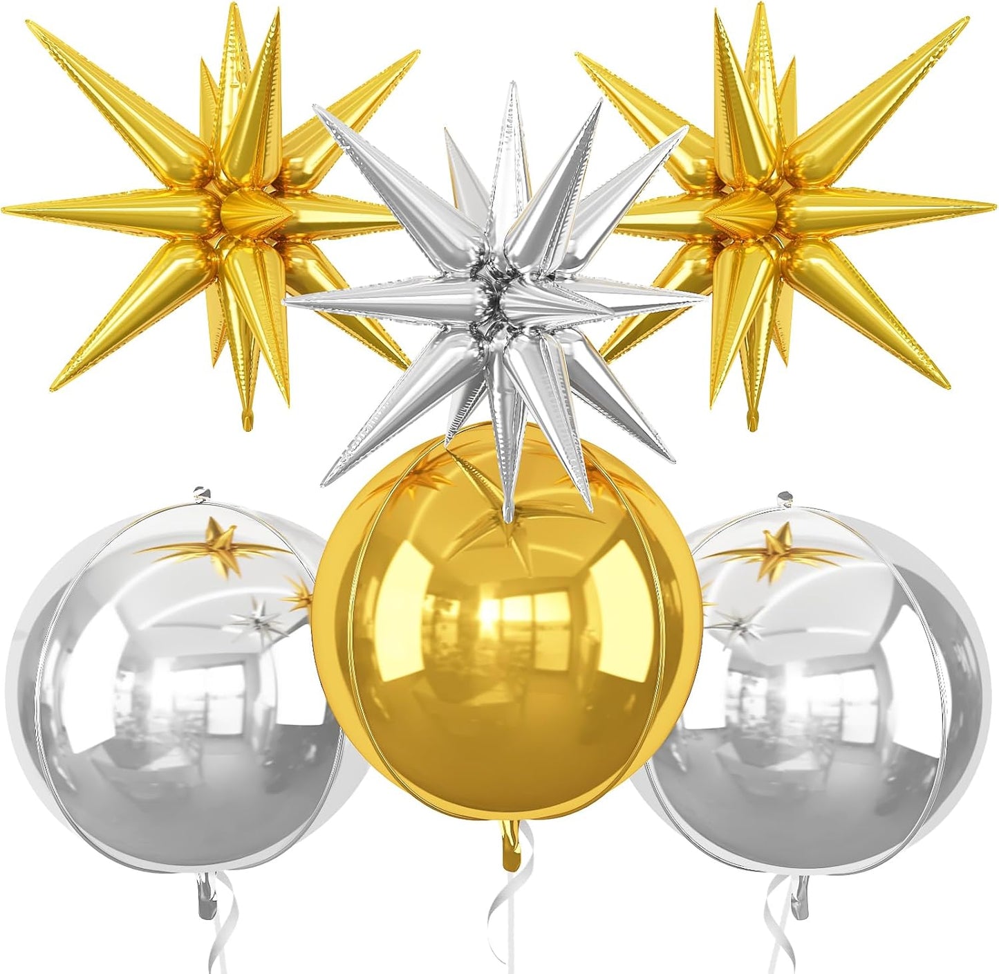 6Pcs Gold Silver Foil Balloons,22Inch Silver Gold 4D Round Ball Balloon and Explosion Star Balloon for Birthday Wedding Baby Shower Prom Party Anniversary Decorations