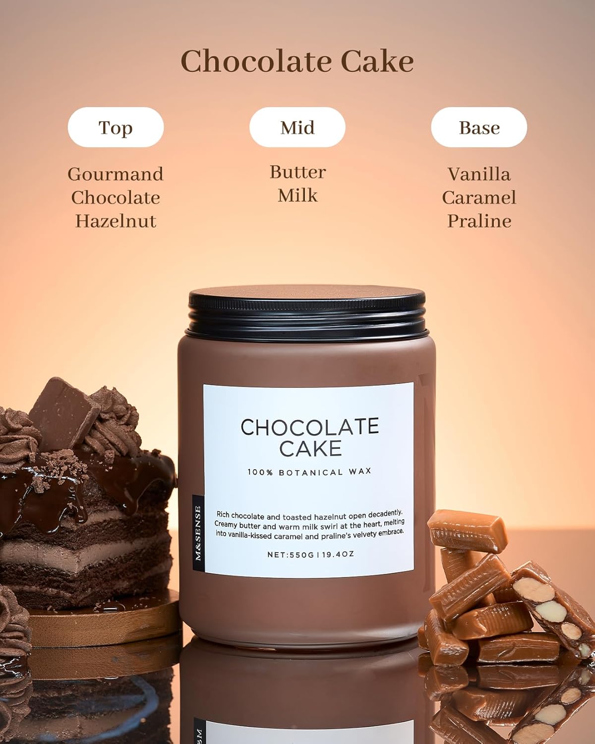 M&SENSE Chocolate Layer Cake Scent Candles, Large 19.4oz Natural Soy Wax 110 Hours Burn Time Clean Non Toxic Scented Classic 2 Wicks Candle for Bedroom Living Room Office