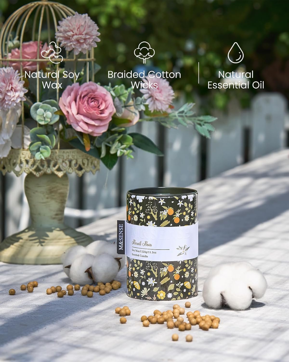 M&SENSE Neroli Noir Scented Candle, Medium Jar Candle 11.3oz Natural Soy Wax for Home Scented, Floral Candles Gift for Spring Holiday, Up to 70 Hours Burning Long-Lasting Fragrance